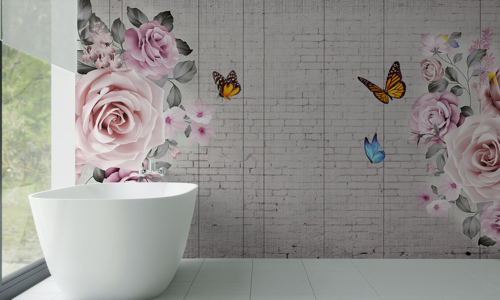 Фотошпалери різнокольорові метелики та ніжно квітучі троянди