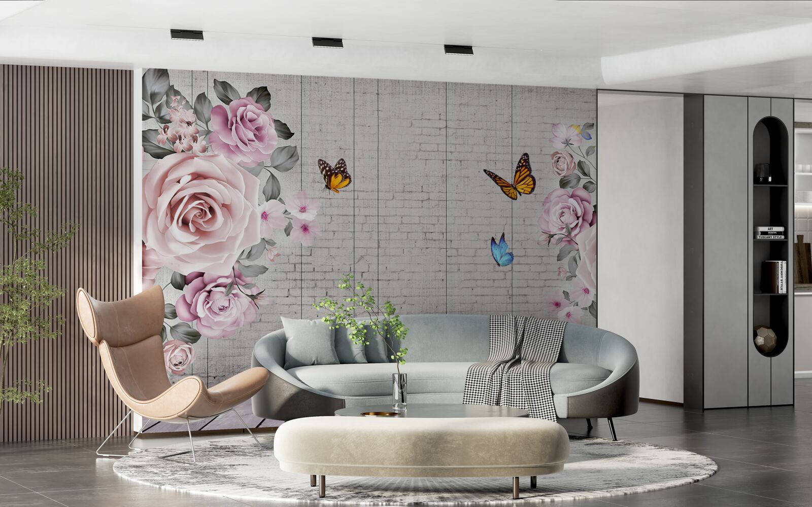 Фотошпалери різнокольорові метелики та ніжно квітучі троянди