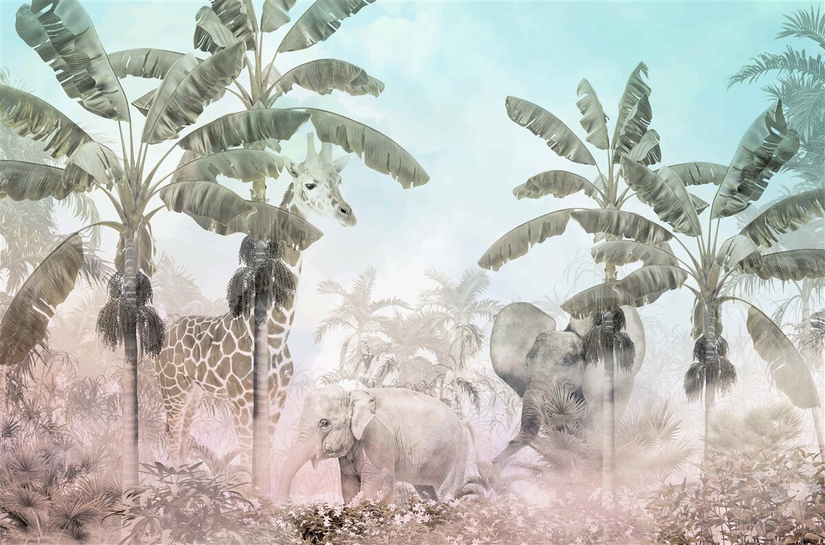 Фотошпалери великі пальми з широким листям і різними тваринами