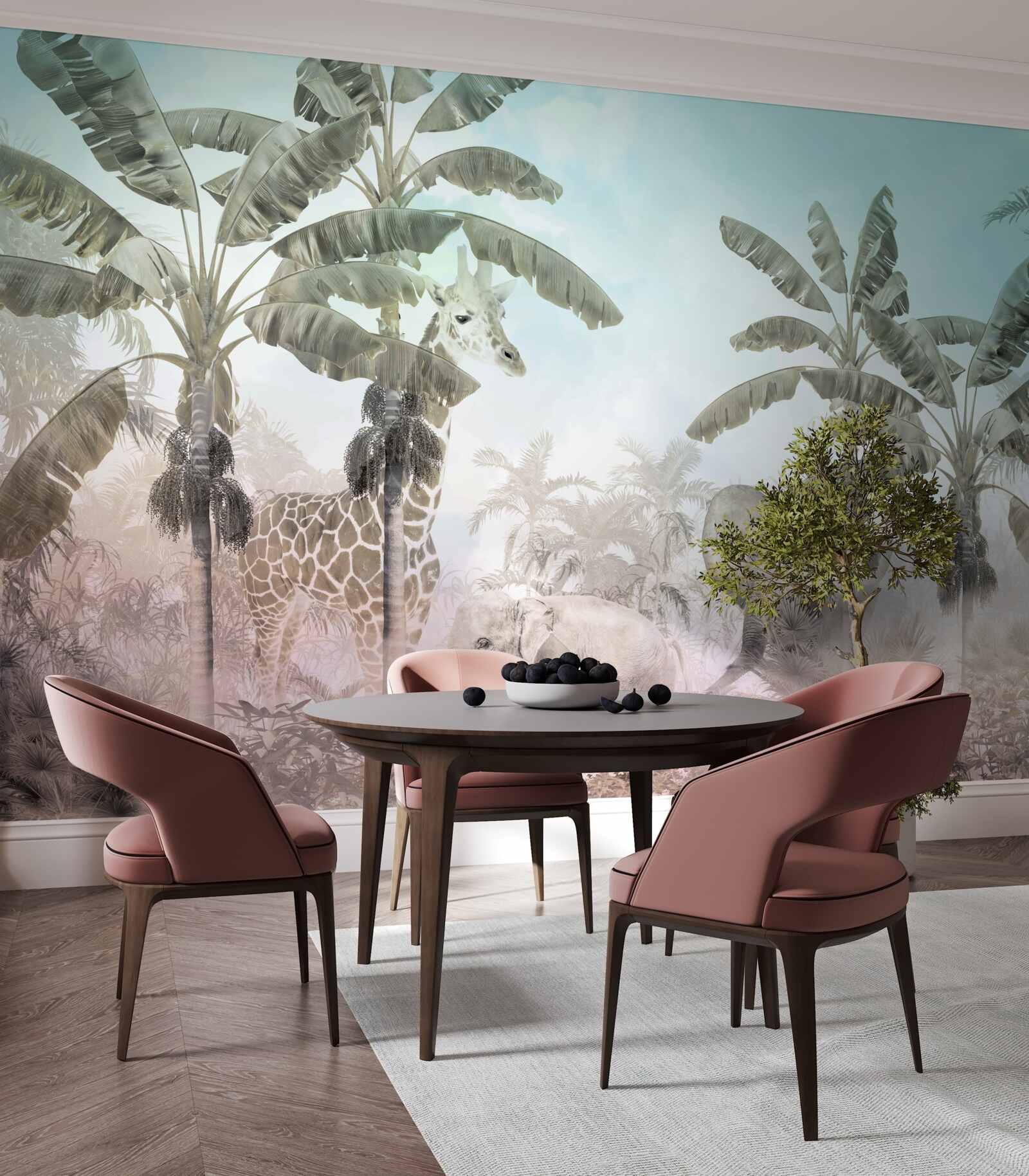 Фотошпалери великі пальми з широким листям і різними тваринами