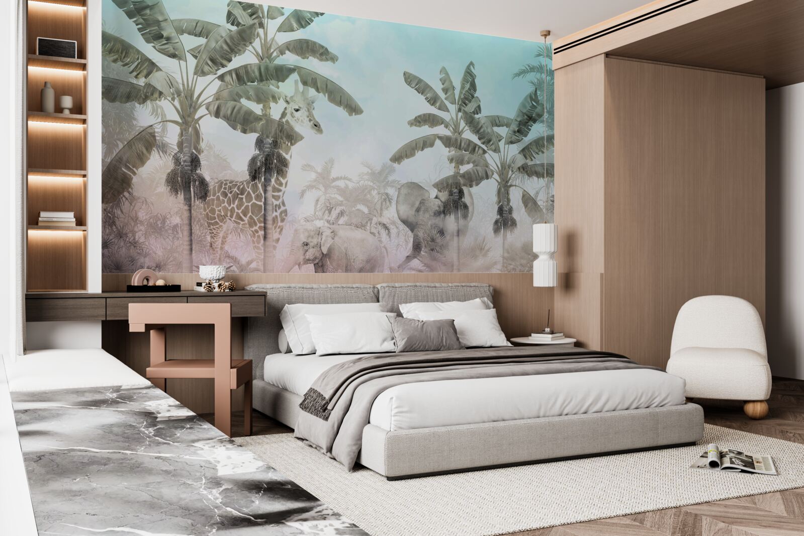 Фотошпалери великі пальми з широким листям і різними тваринами