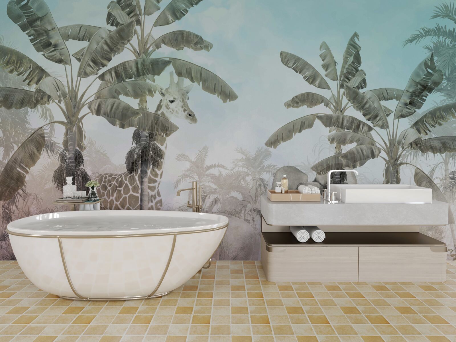 Фотошпалери великі пальми з широким листям і різними тваринами