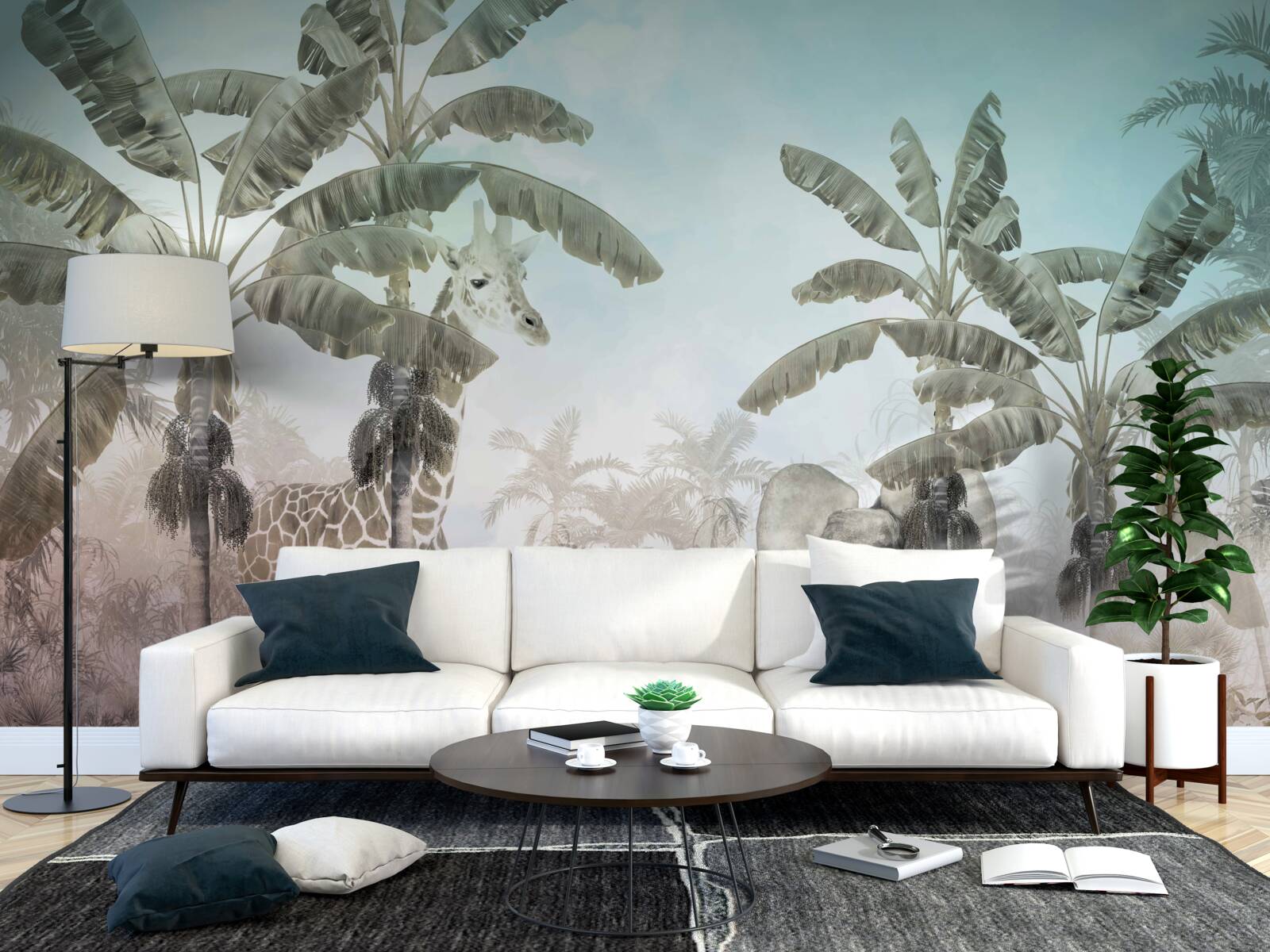 Фотошпалери великі пальми з широким листям і різними тваринами