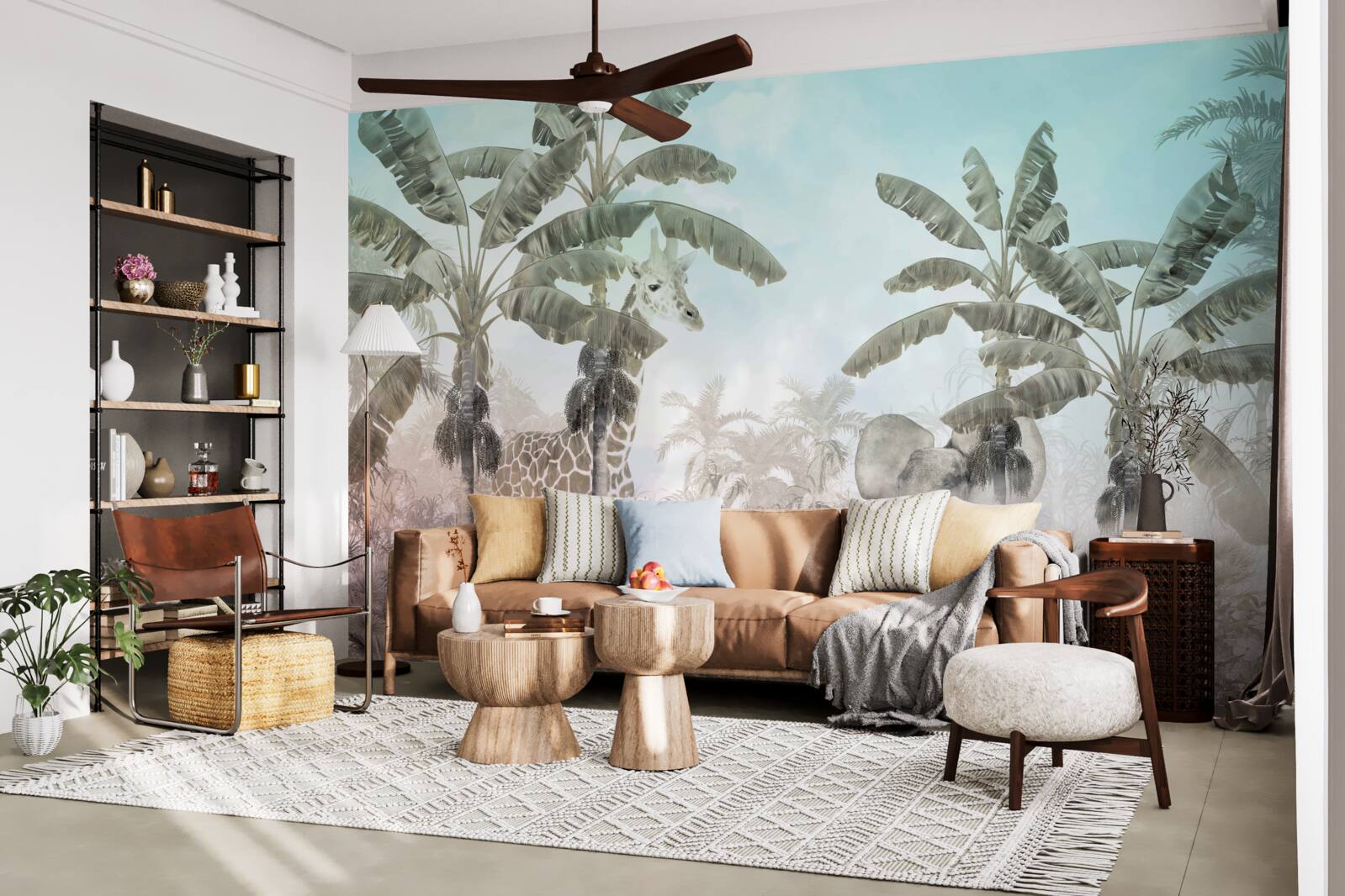 Фотошпалери великі пальми з широким листям і різними тваринами