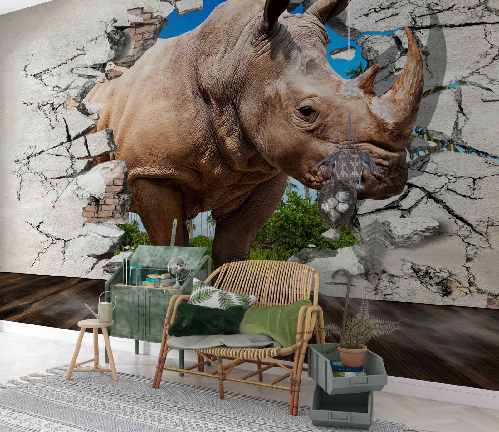 Фотошпалери Стіна руйнується під силою носорога