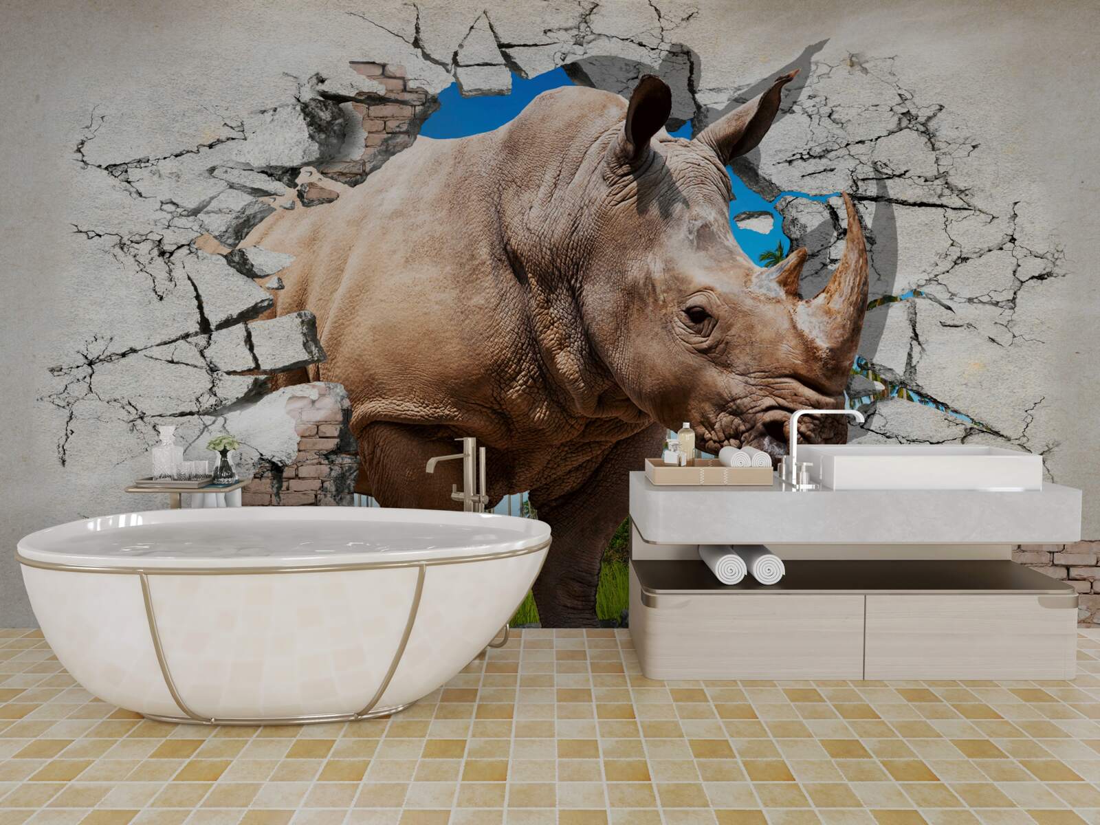 Фотошпалери Стіна руйнується під силою носорога