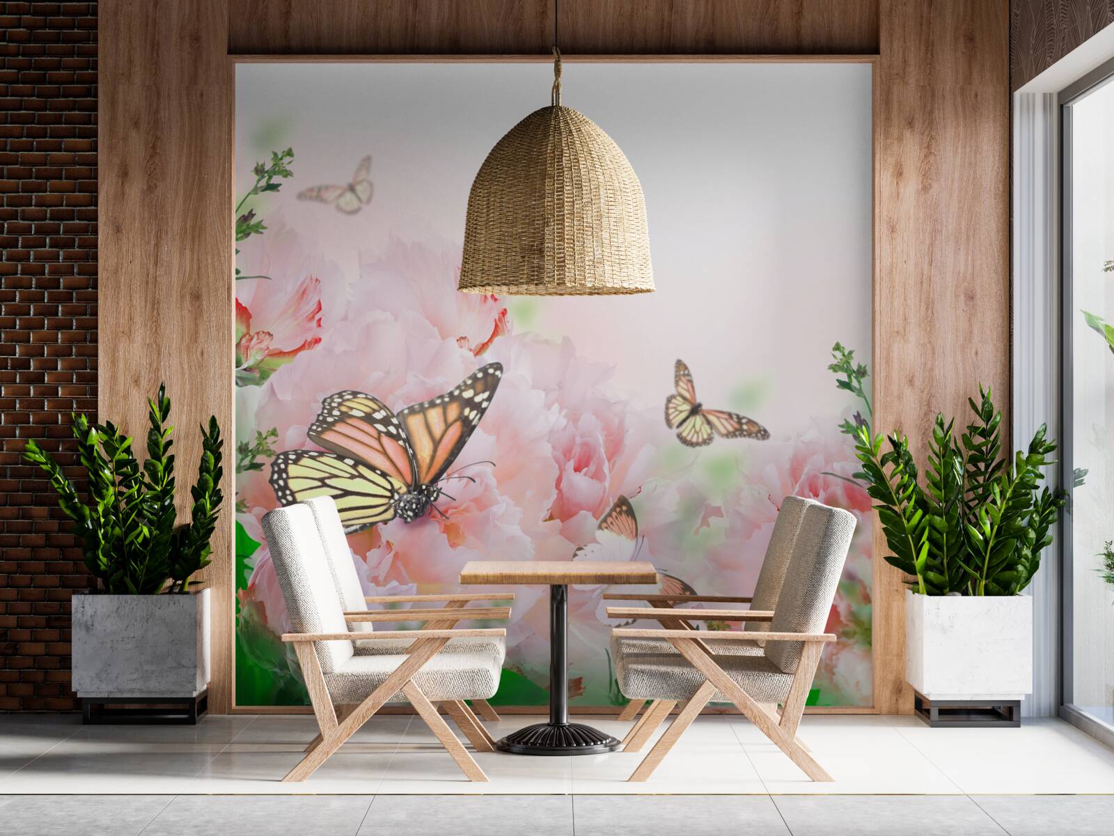 Фотошпалери група метеликів на тлі літніх квітів