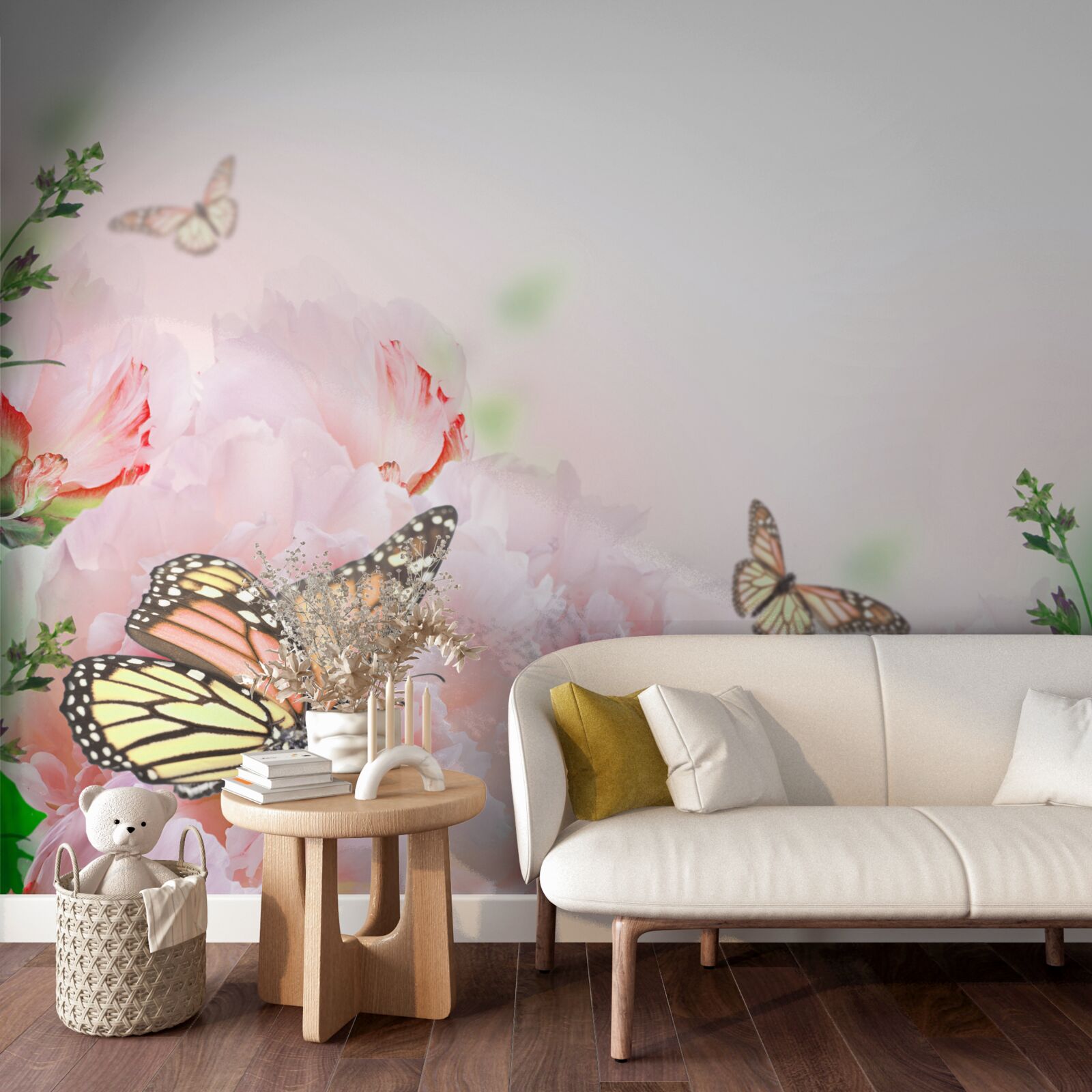 Фотошпалери група метеликів на тлі літніх квітів