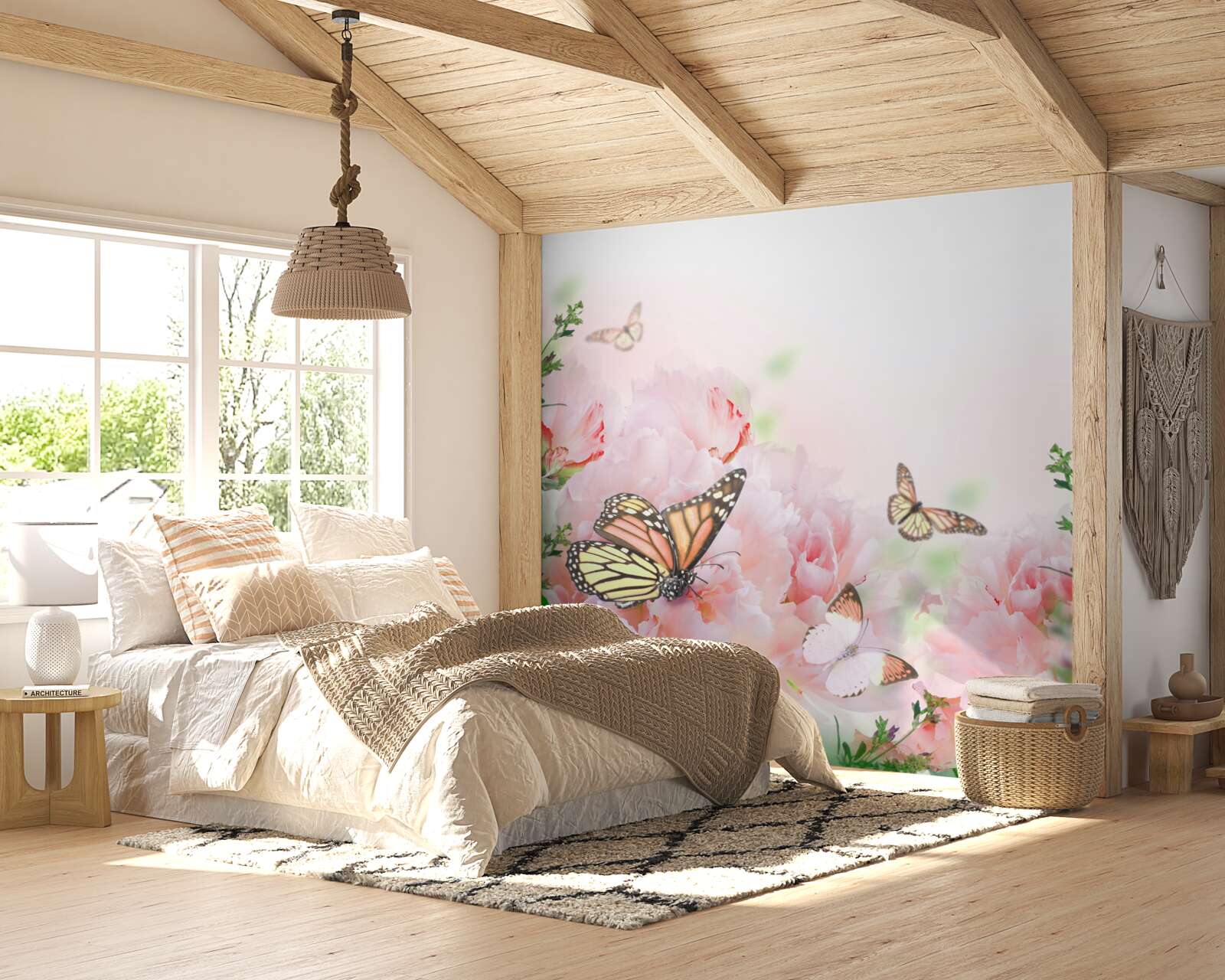 Фотошпалери група метеликів на тлі літніх квітів