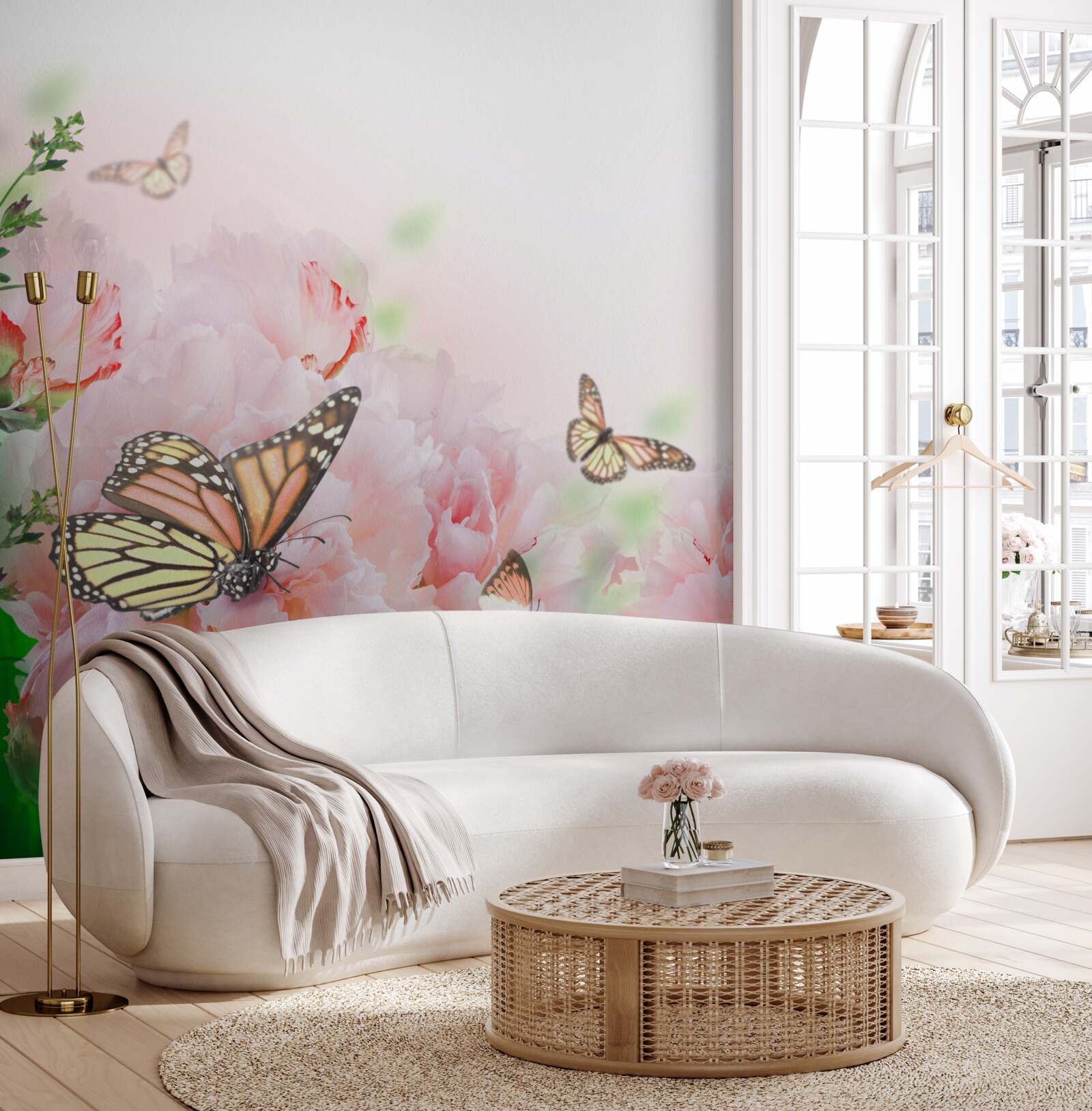 Фотошпалери група метеликів на тлі літніх квітів