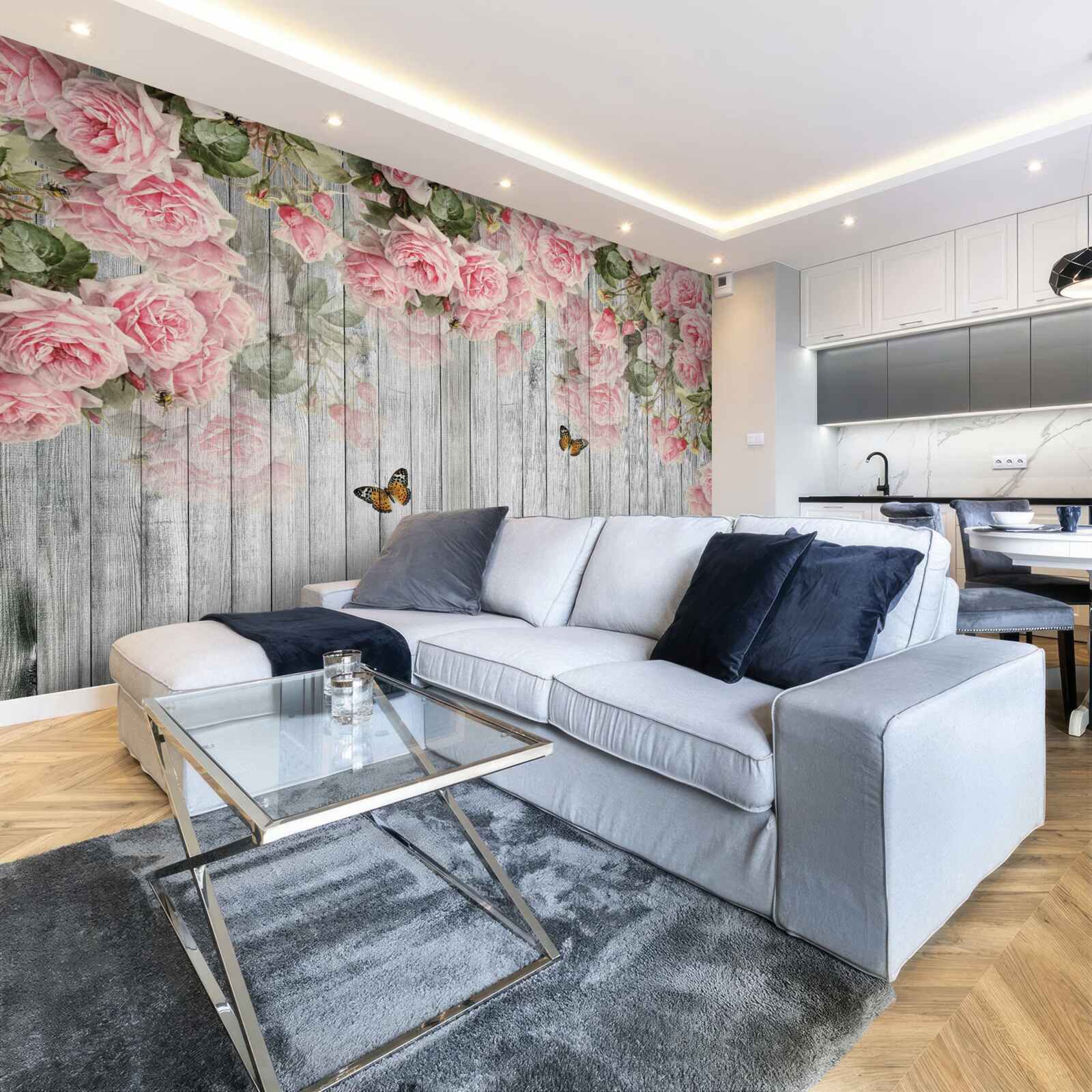 Фотошпалери звисають пишні рожеві троянди