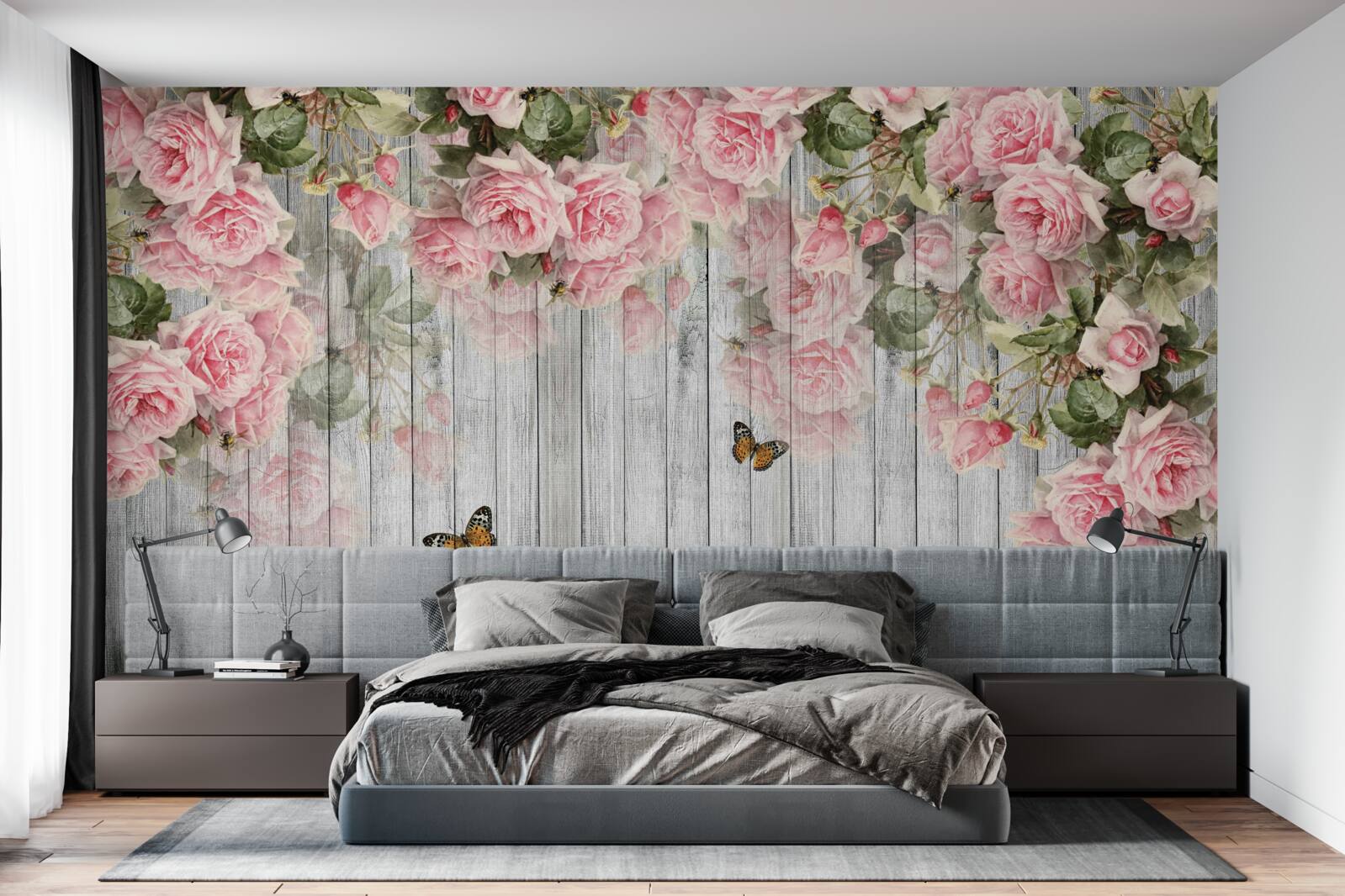 Фотошпалери звисають пишні рожеві троянди