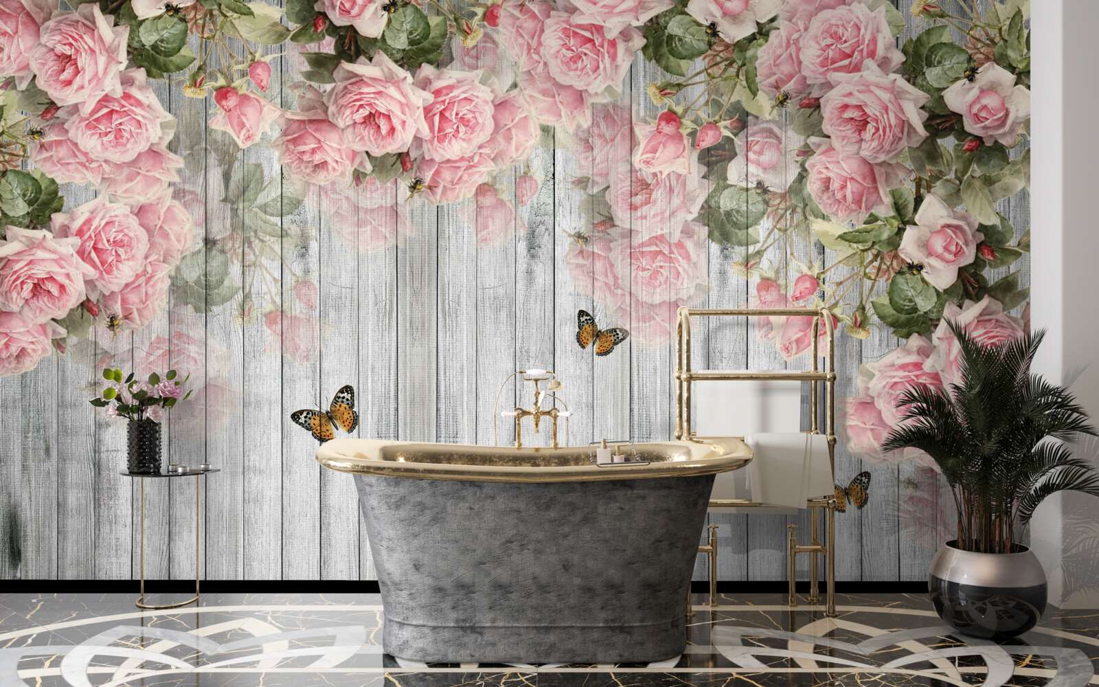 Фотошпалери звисають пишні рожеві троянди