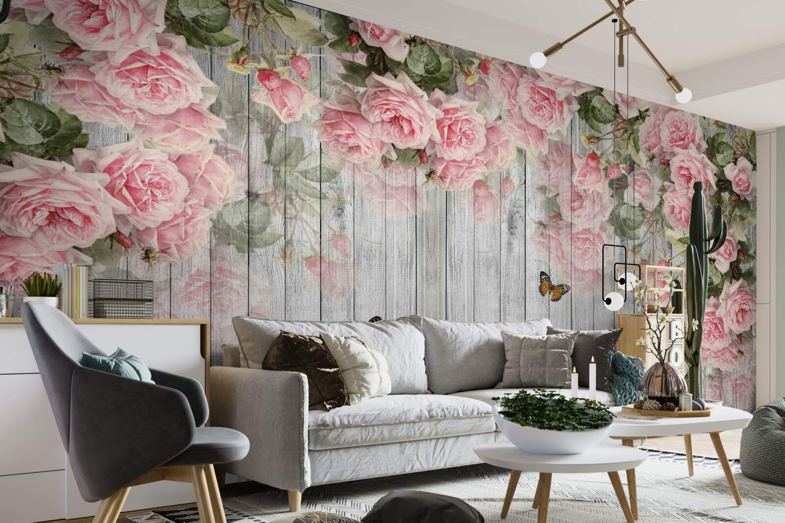 Фотошпалери звисають пишні рожеві троянди