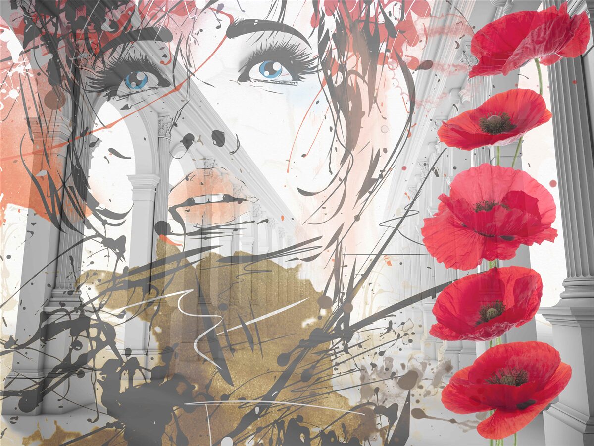 Фотошпалери дівчина позує на тлі арки, прикрашеної квітами маку