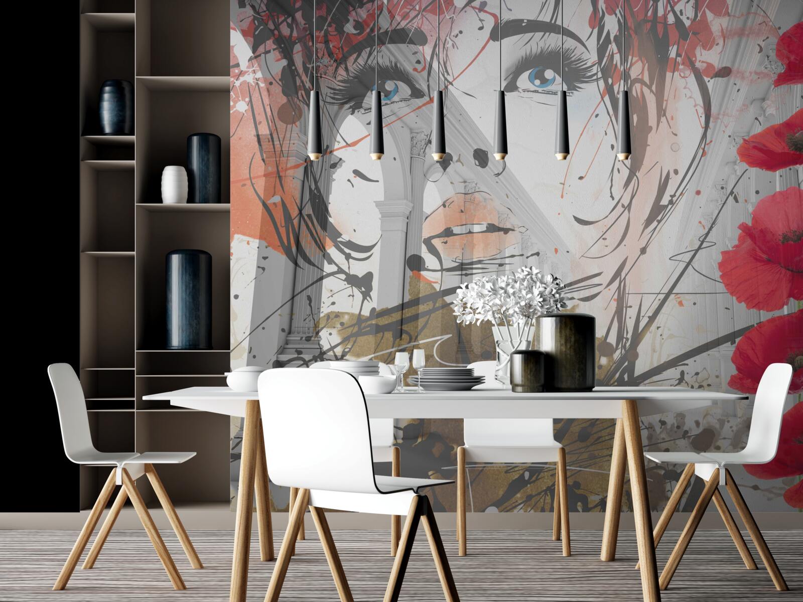 Фотошпалери дівчина позує на тлі арки, прикрашеної квітами маку