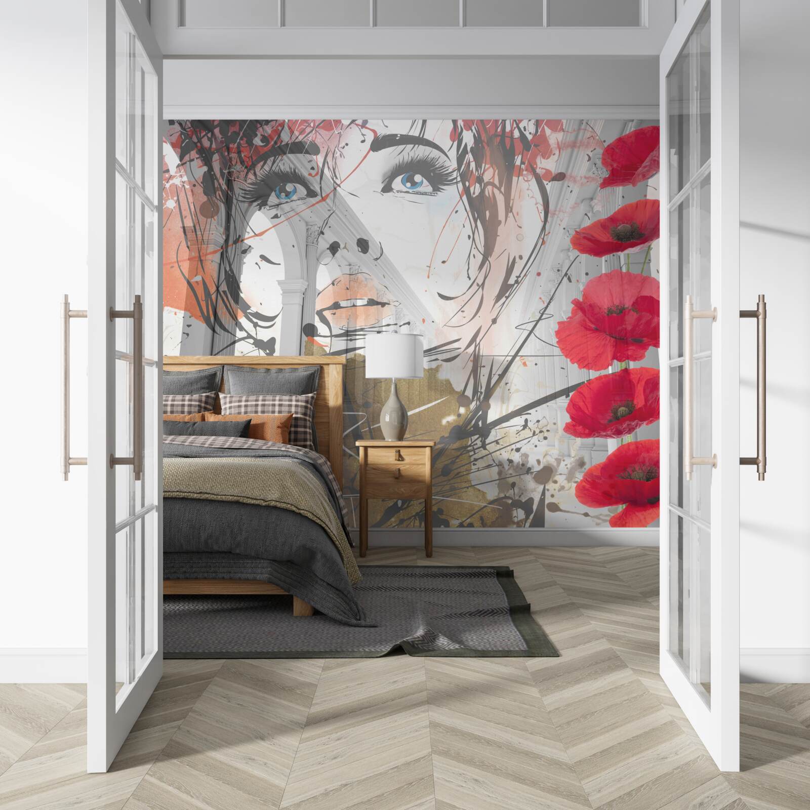 Фотошпалери дівчина позує на тлі арки, прикрашеної квітами маку