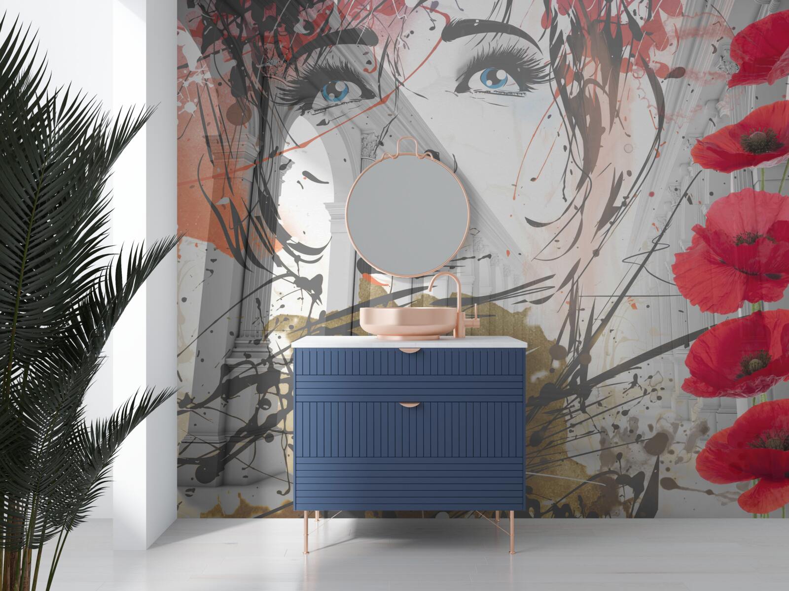 Фотошпалери дівчина позує на тлі арки, прикрашеної квітами маку