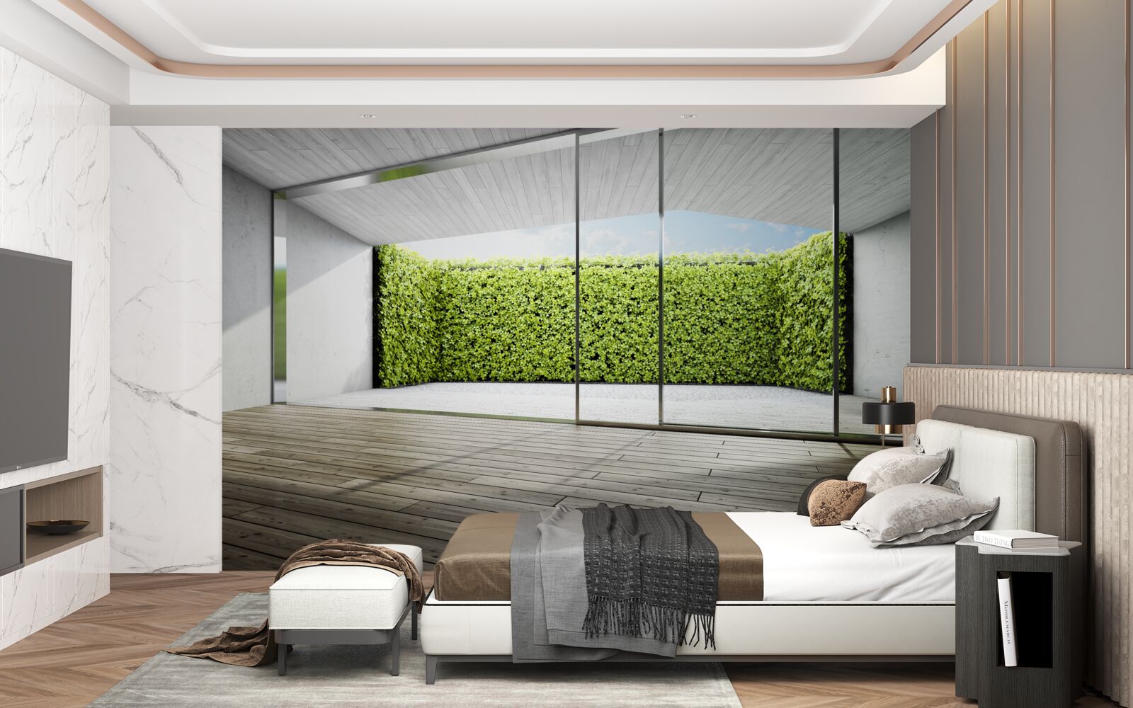 Фотошпалери балкон з прозорими стінами з видом на сад