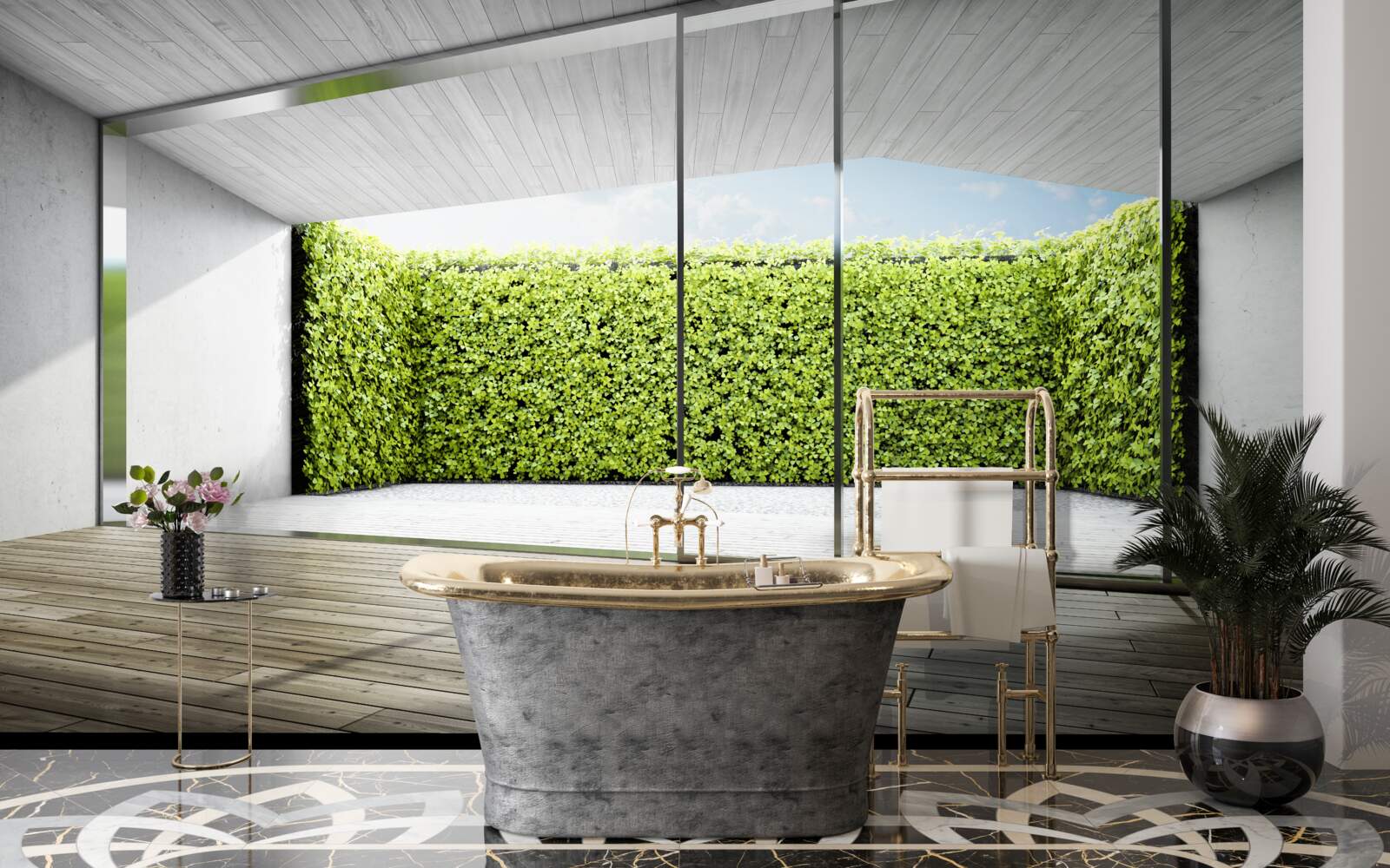 Фотошпалери балкон з прозорими стінами з видом на сад