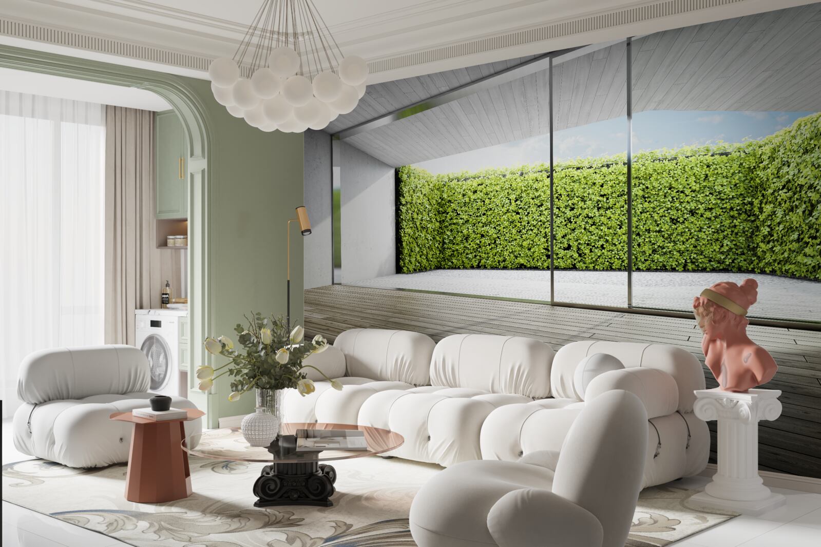 Фотошпалери балкон з прозорими стінами з видом на сад