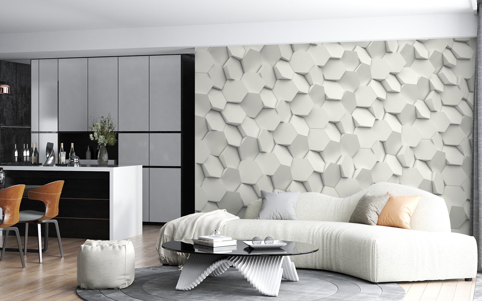 Фотошпалери білі та сірі шестикутники з об'ємом