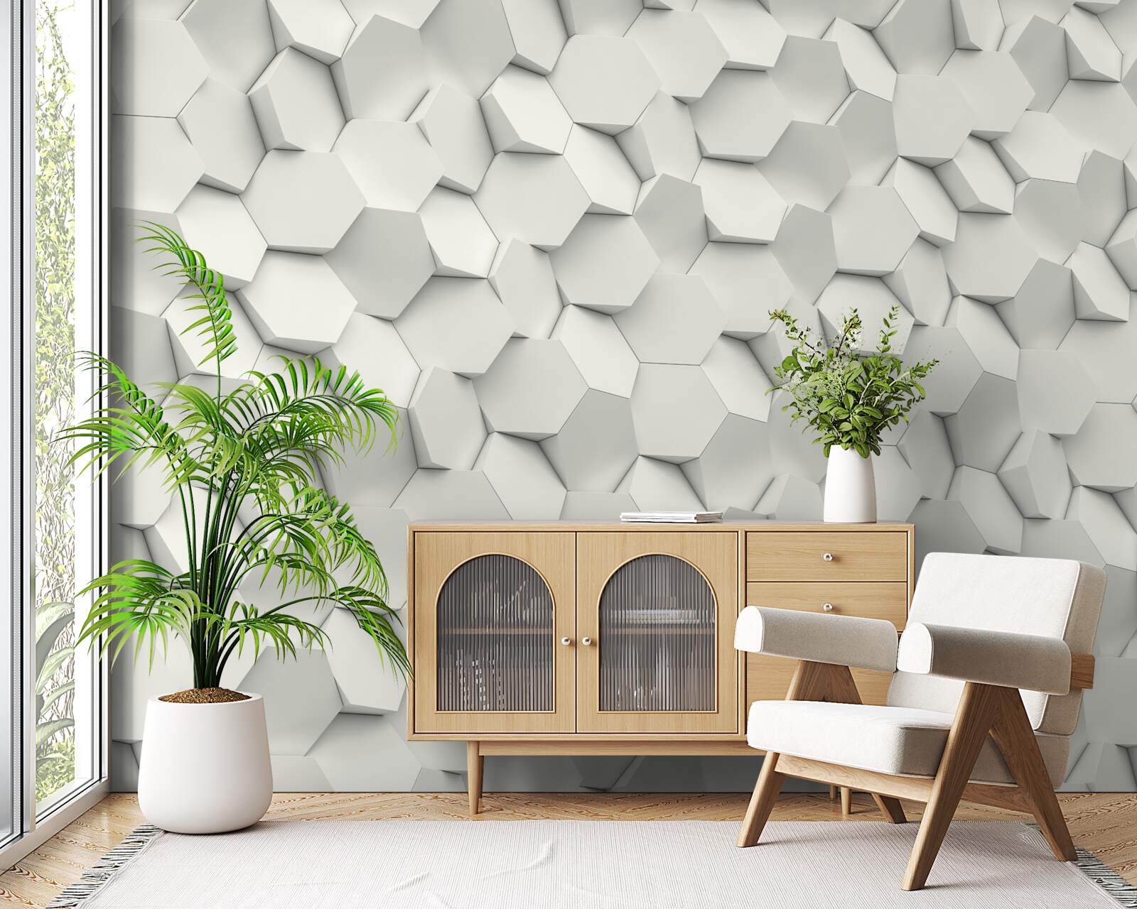 Фотошпалери білі та сірі шестикутники з об'ємом