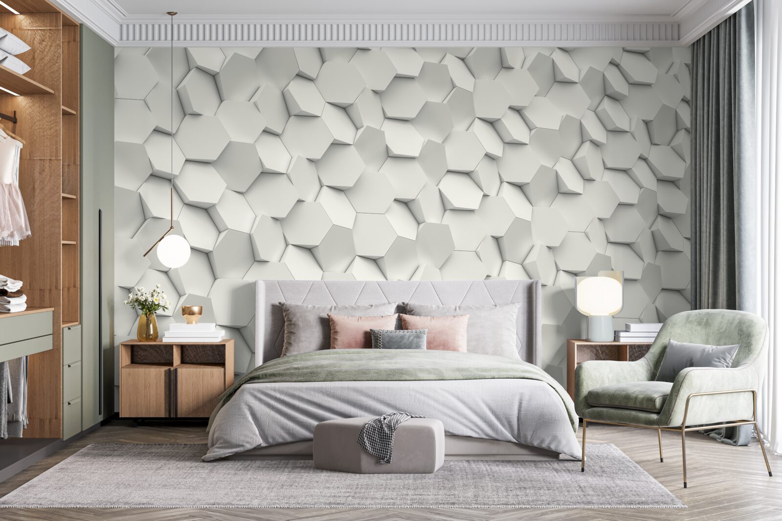 Фотошпалери білі та сірі шестикутники з об'ємом