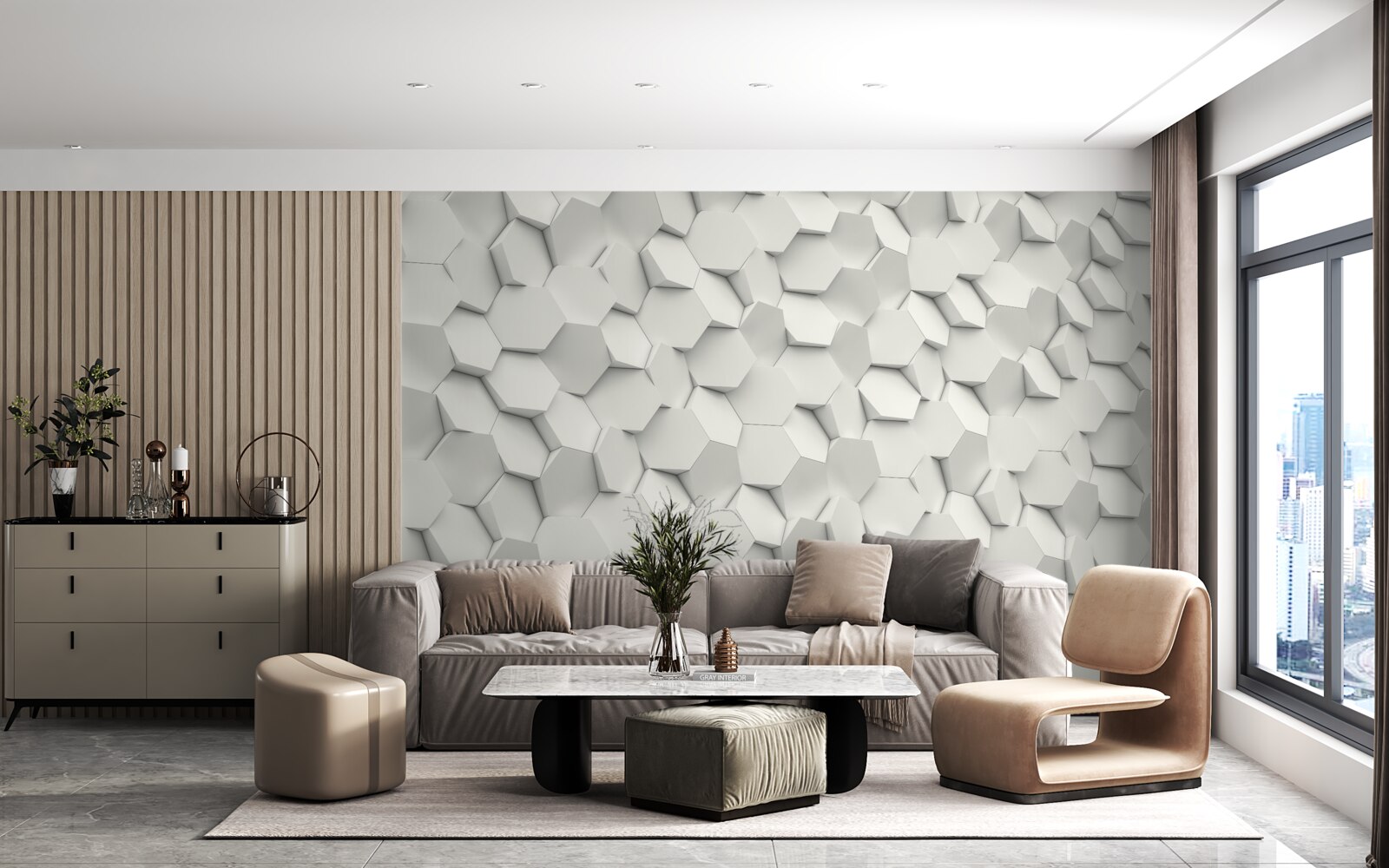 Фотошпалери білі та сірі шестикутники з об'ємом