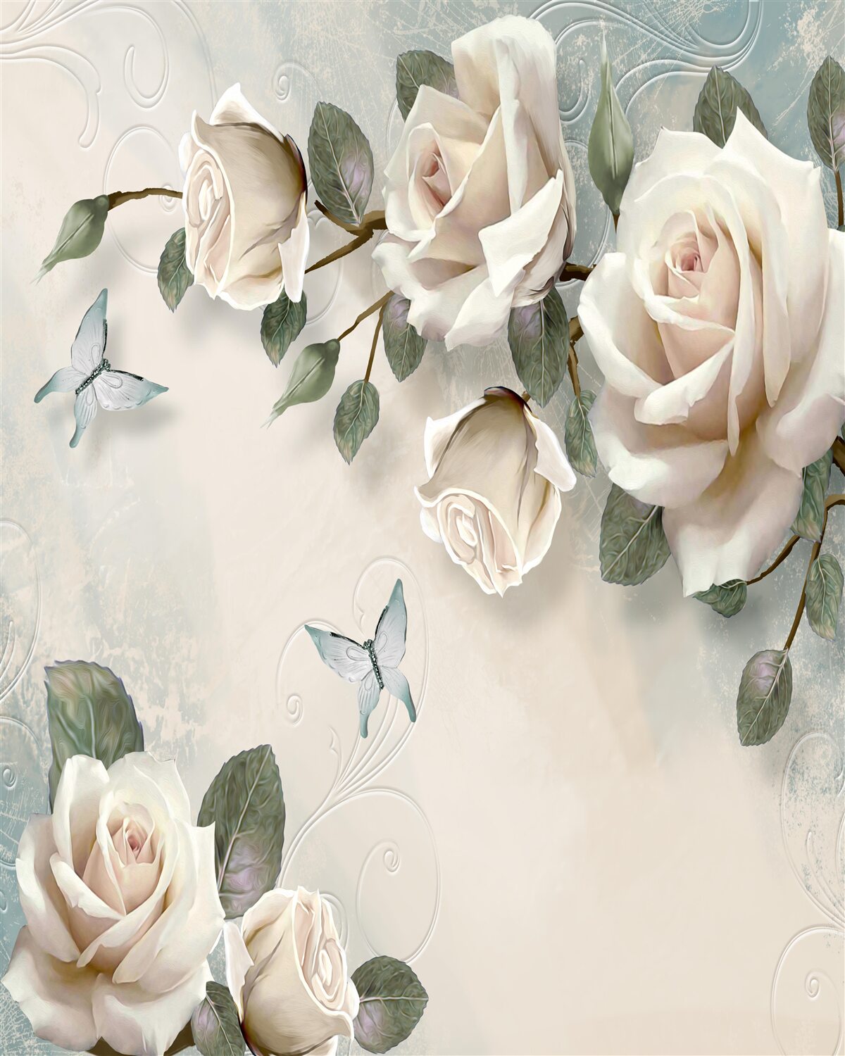 Фотошпалери гілки великого куща кремової троянди