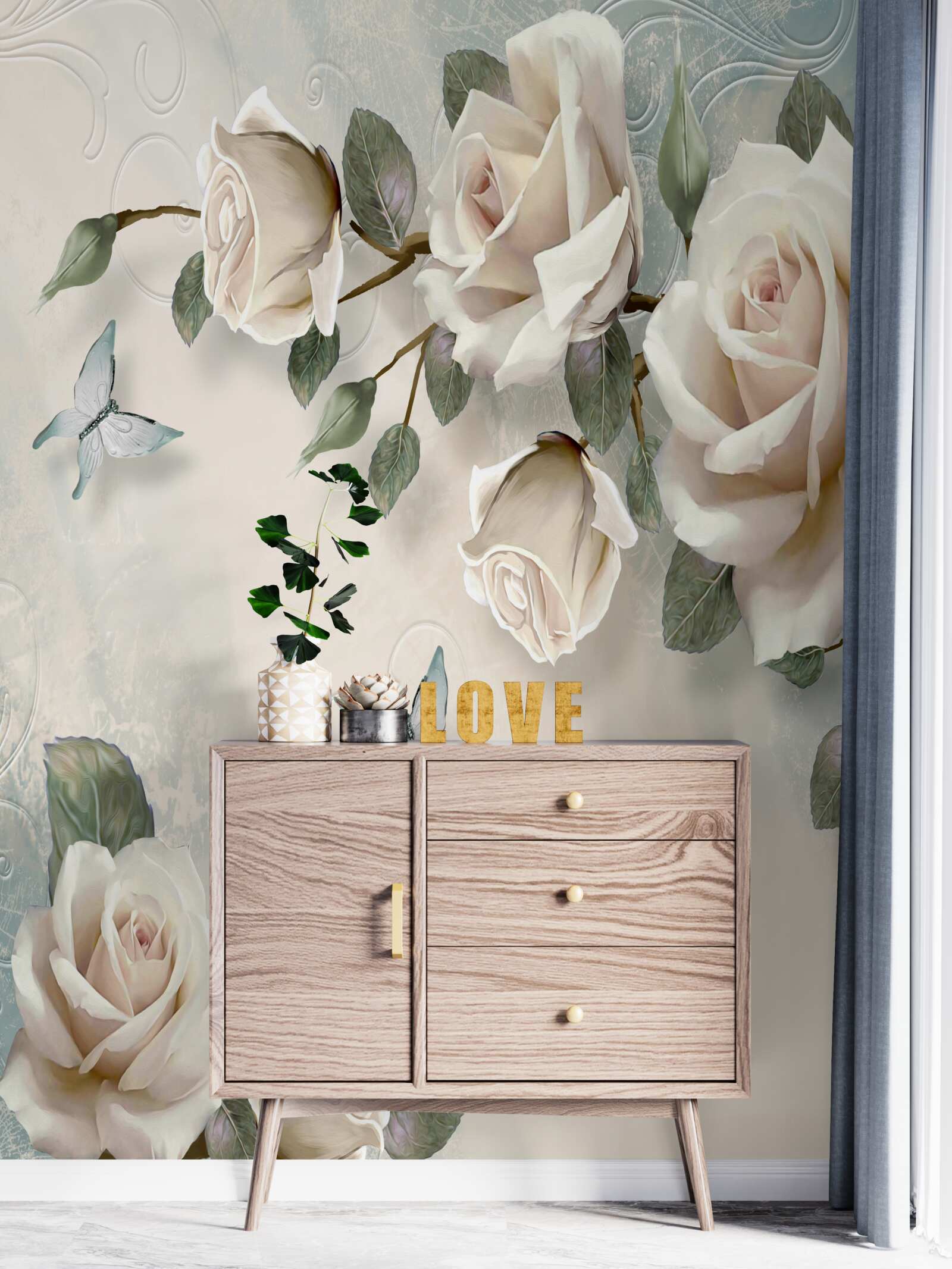 Фотошпалери гілки великого куща кремової троянди