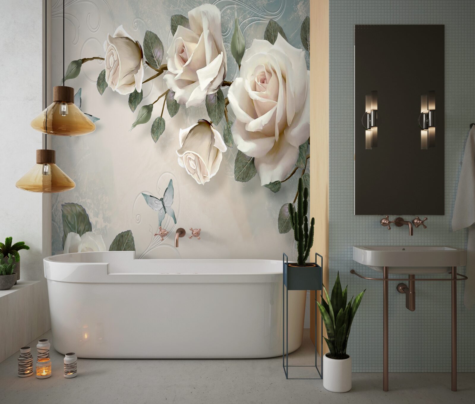 Фотошпалери гілки великого куща кремової троянди