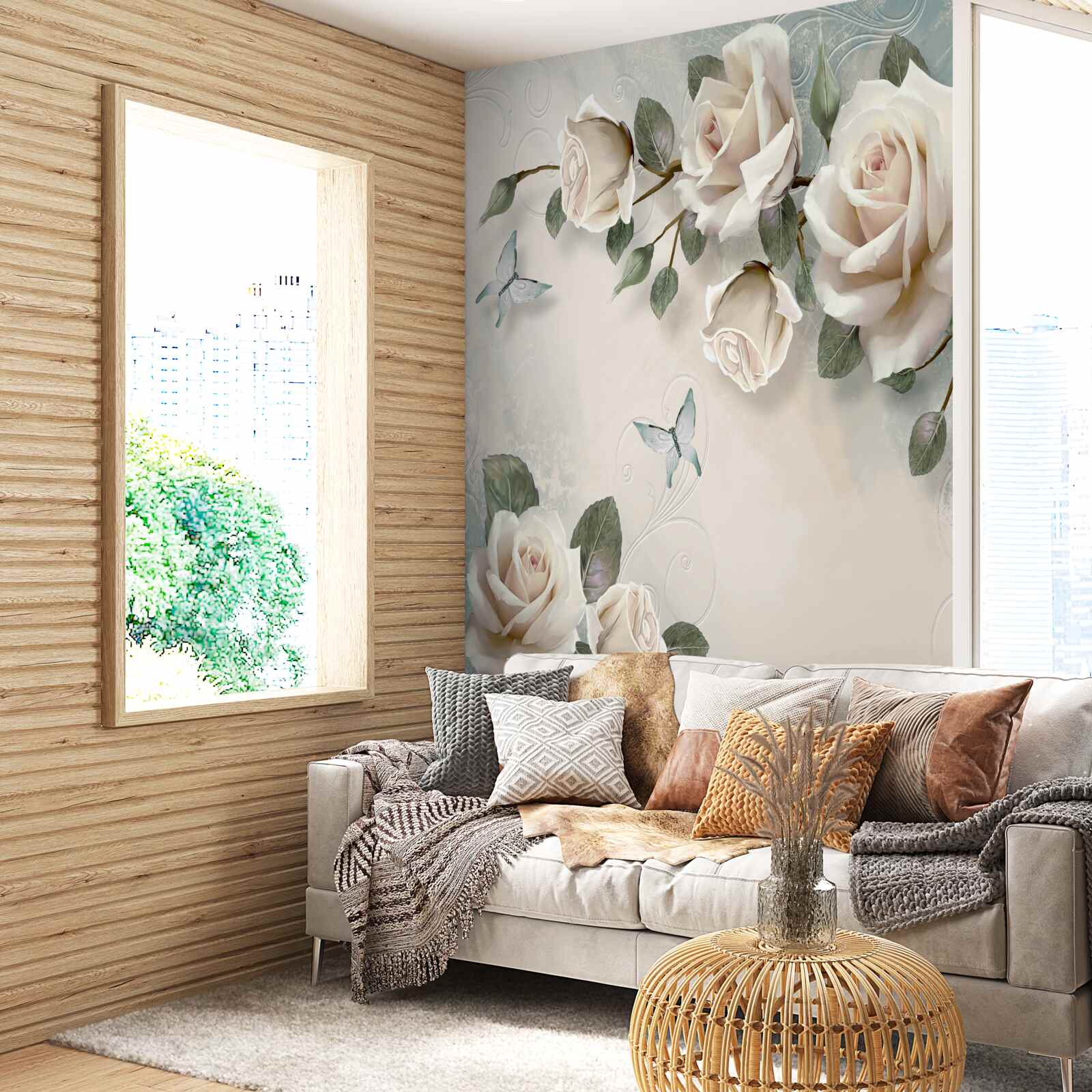 Фотошпалери гілки великого куща кремової троянди