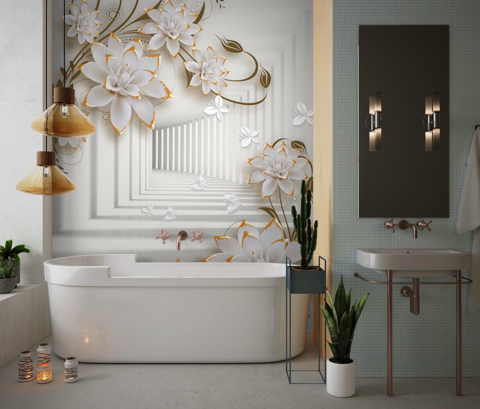 Фотошпалери коридор, порослий квітами лотоса, тягнеться вдалину