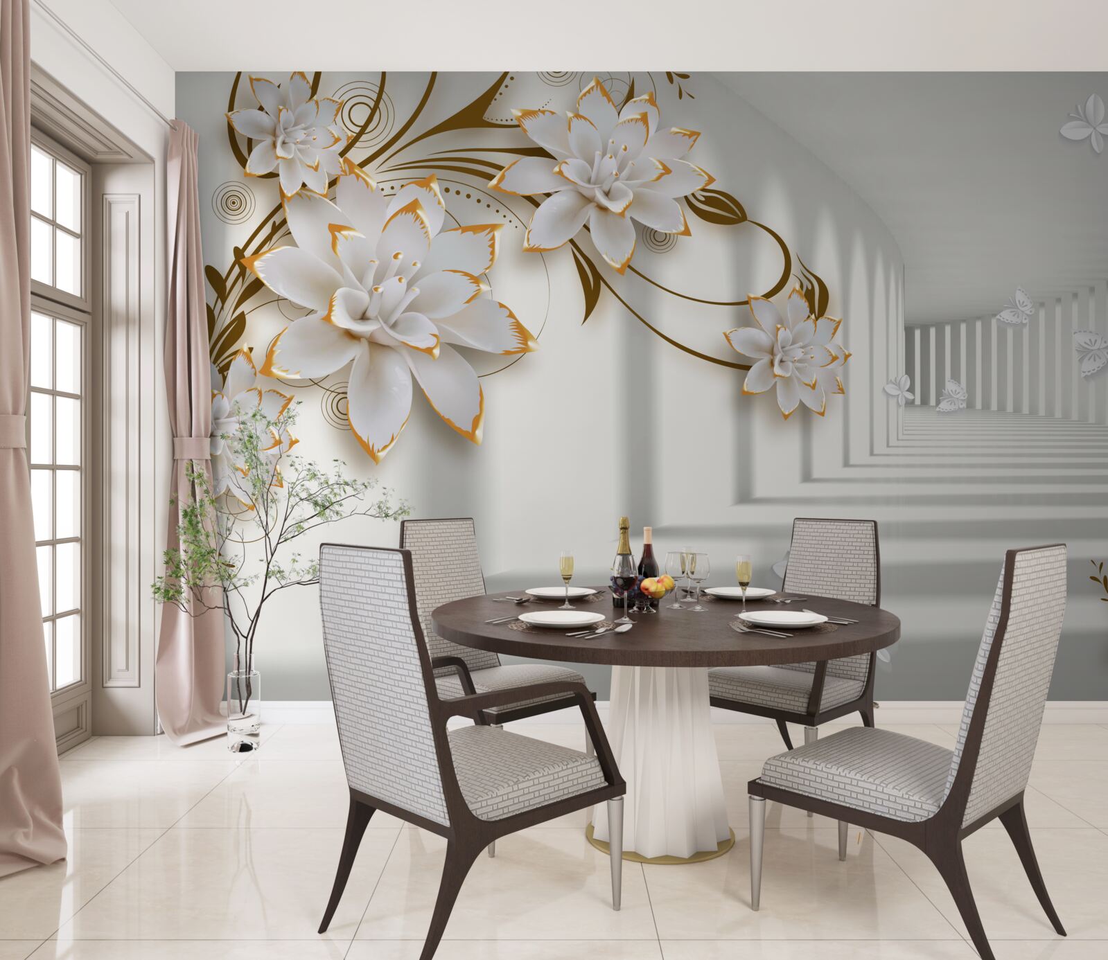 Фотошпалери білі лотоси на абстрактному тлі, оздоблені золотом