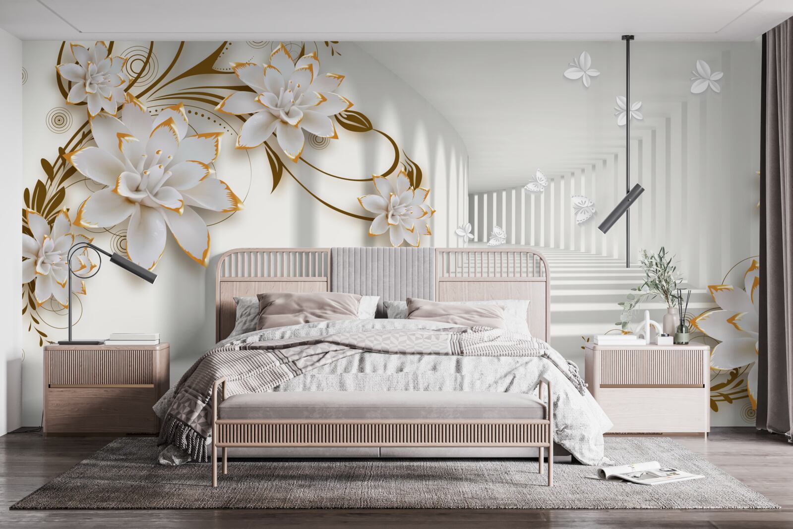 Фотошпалери білі лотоси на абстрактному тлі, оздоблені золотом