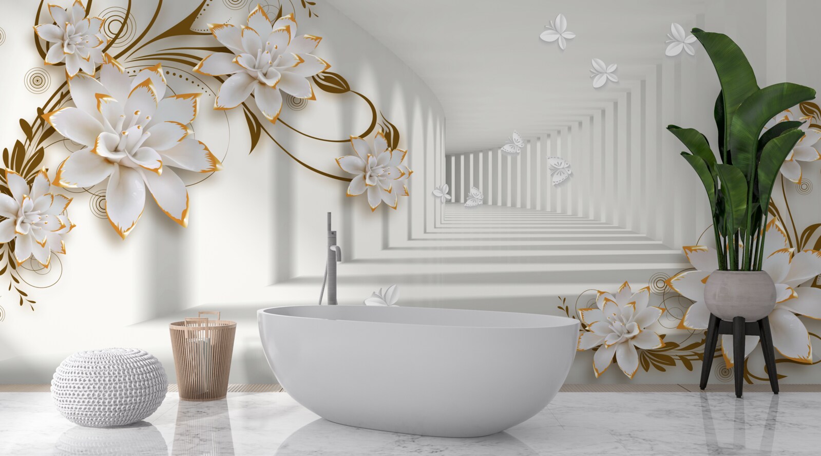 Фотошпалери білі лотоси на абстрактному тлі, оздоблені золотом