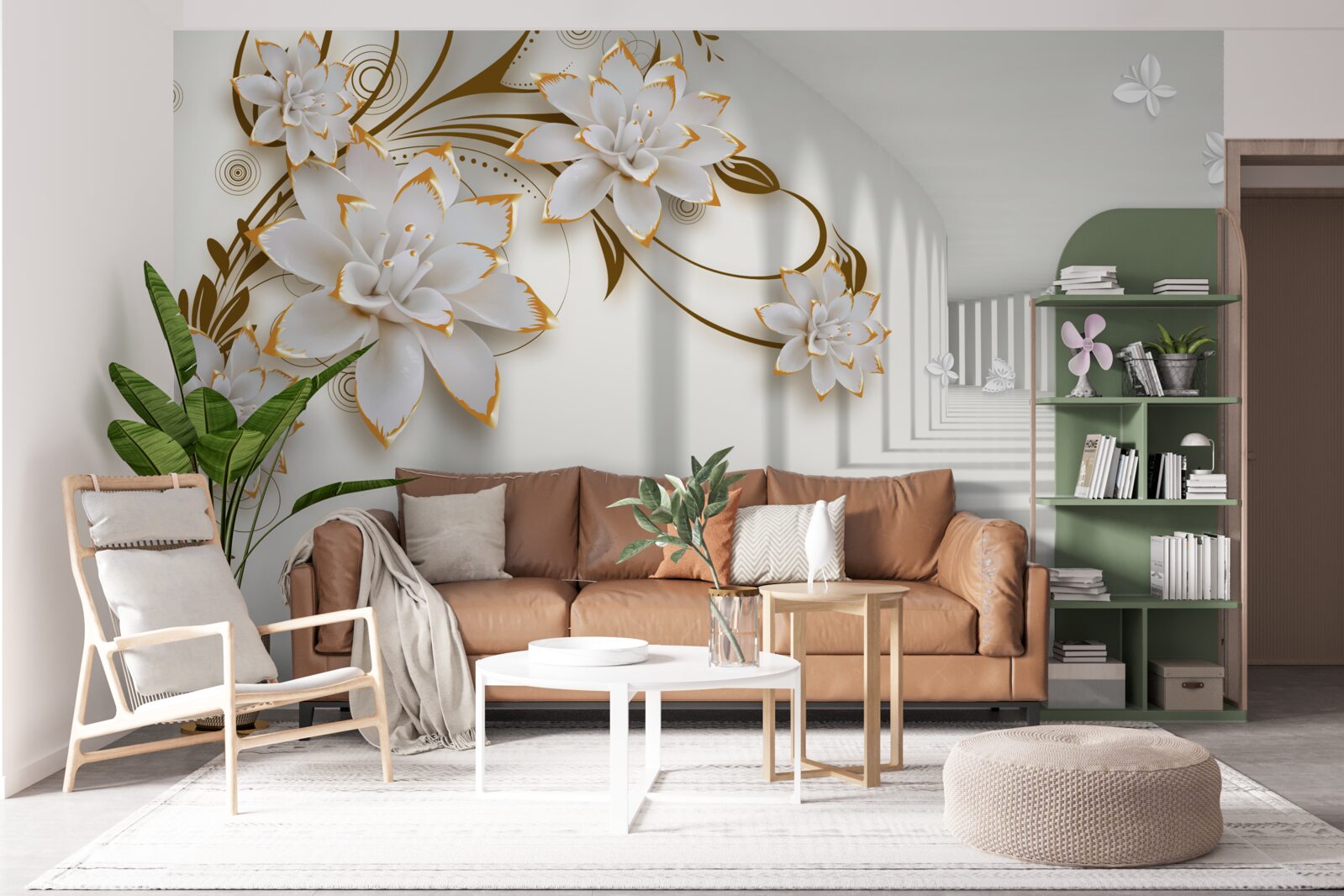 Фотошпалери білі лотоси на абстрактному тлі, оздоблені золотом