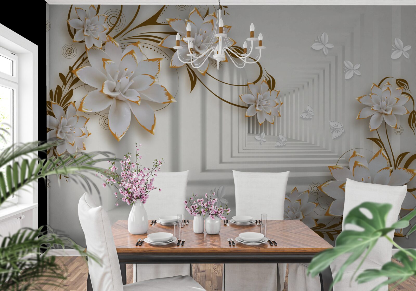 Фотошпалери коридор абстракції та золотих лотосів