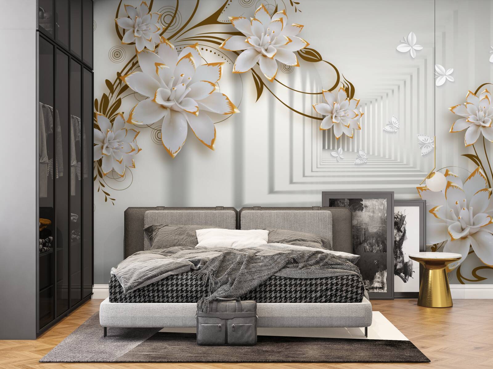 Фотошпалери коридор абстракції та золотих лотосів