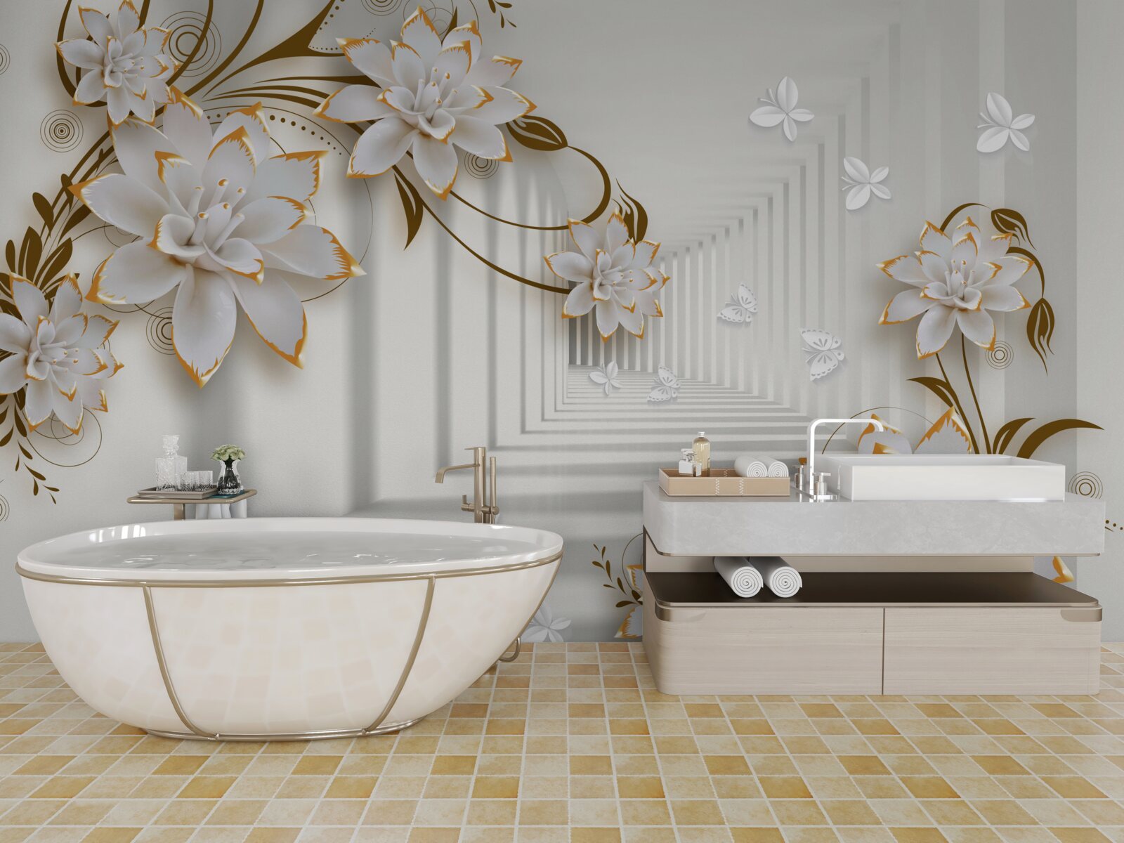 Фотошпалери коридор абстракції та золотих лотосів