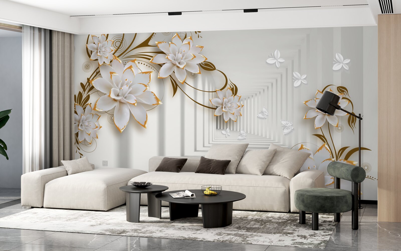 Фотошпалери коридор абстракції та золотих лотосів