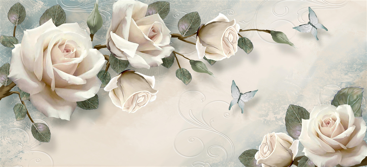 Фотошпалери метелики, що пролітають повз гілки кремової троянди