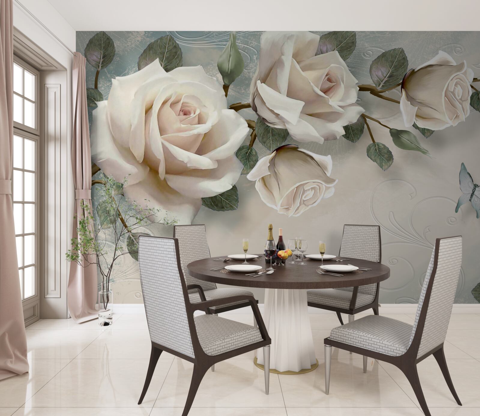 Фотошпалери метелики, що пролітають повз гілки кремової троянди