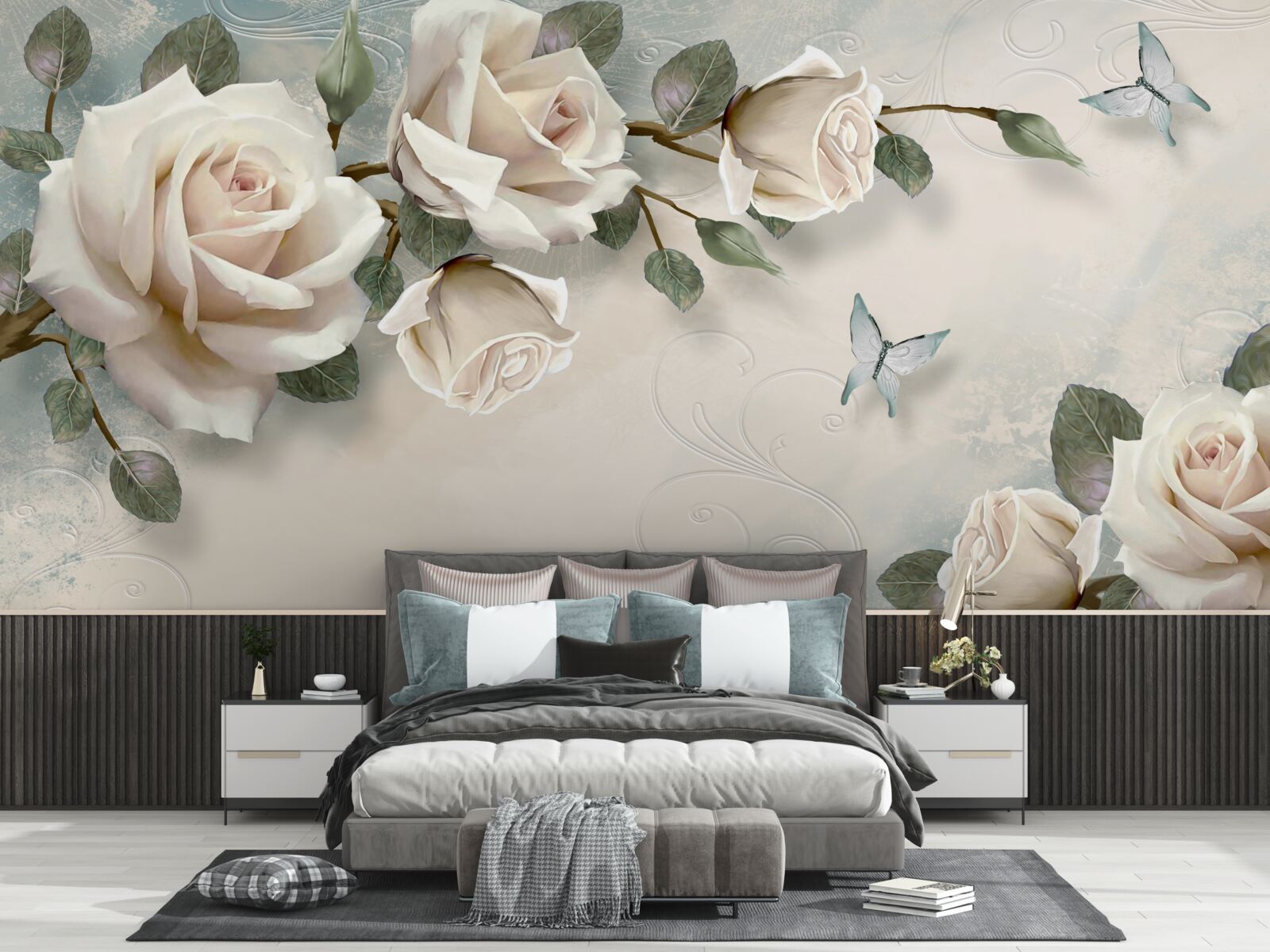 Фотошпалери метелики, що пролітають повз гілки кремової троянди