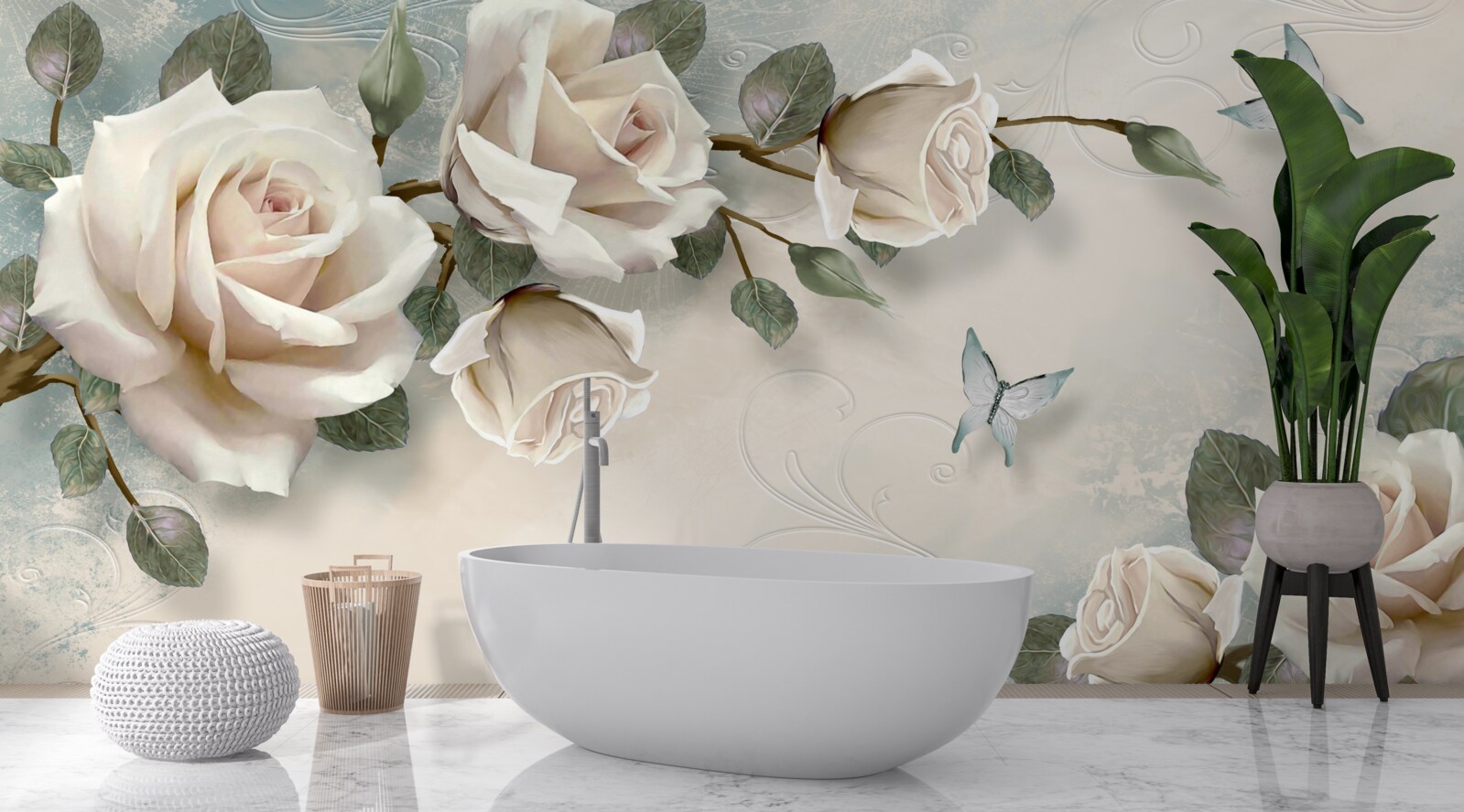 Фотошпалери метелики, що пролітають повз гілки кремової троянди