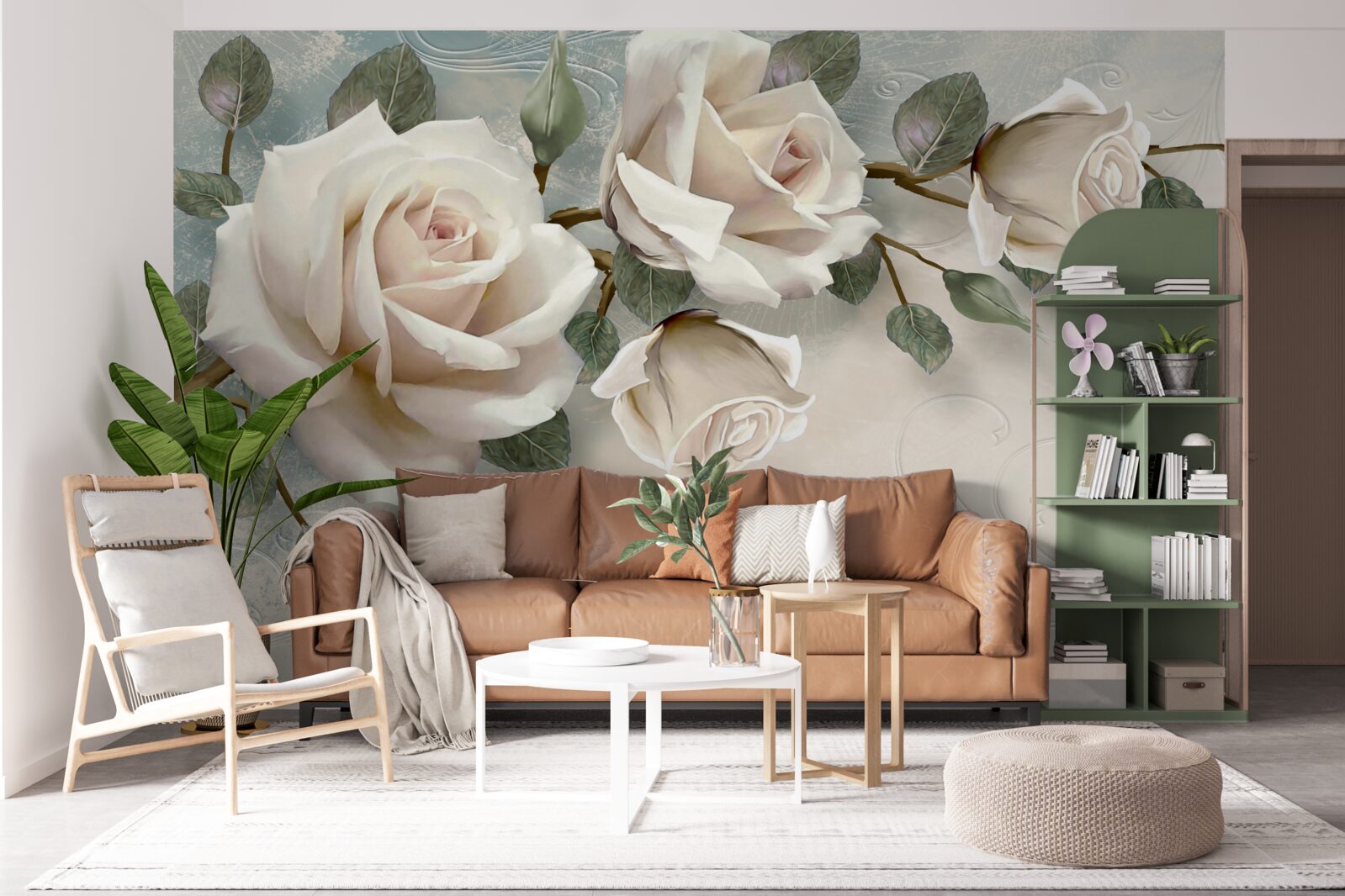 Фотошпалери метелики, що пролітають повз гілки кремової троянди