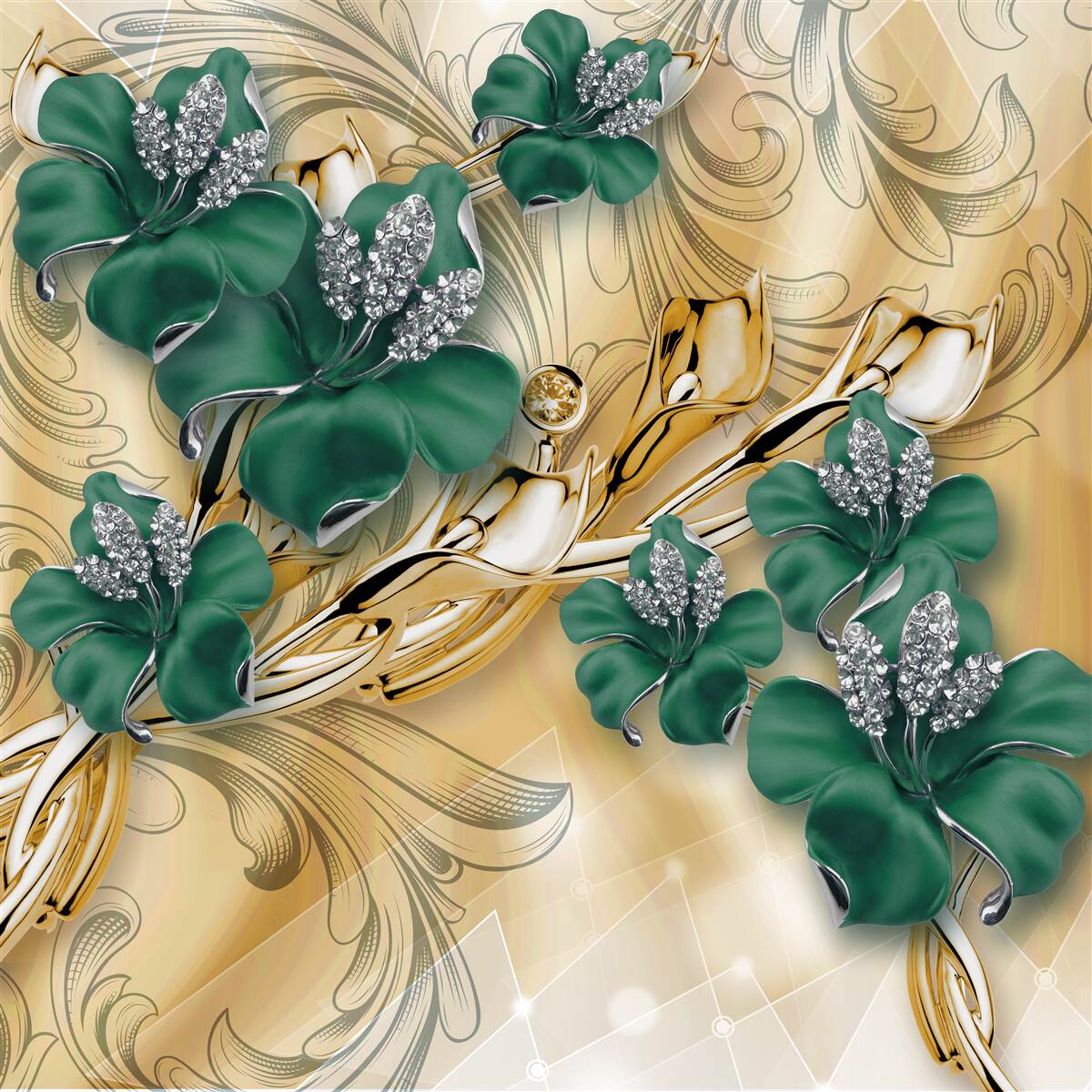 Фотошпалери смарагдові квіти виблискують у золотій оправі
