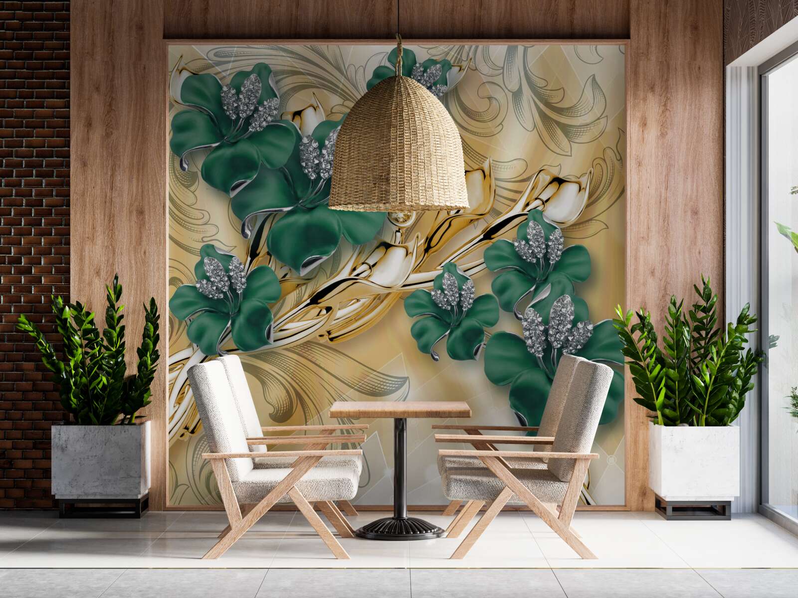 Фотошпалери смарагдові квіти виблискують у золотій оправі