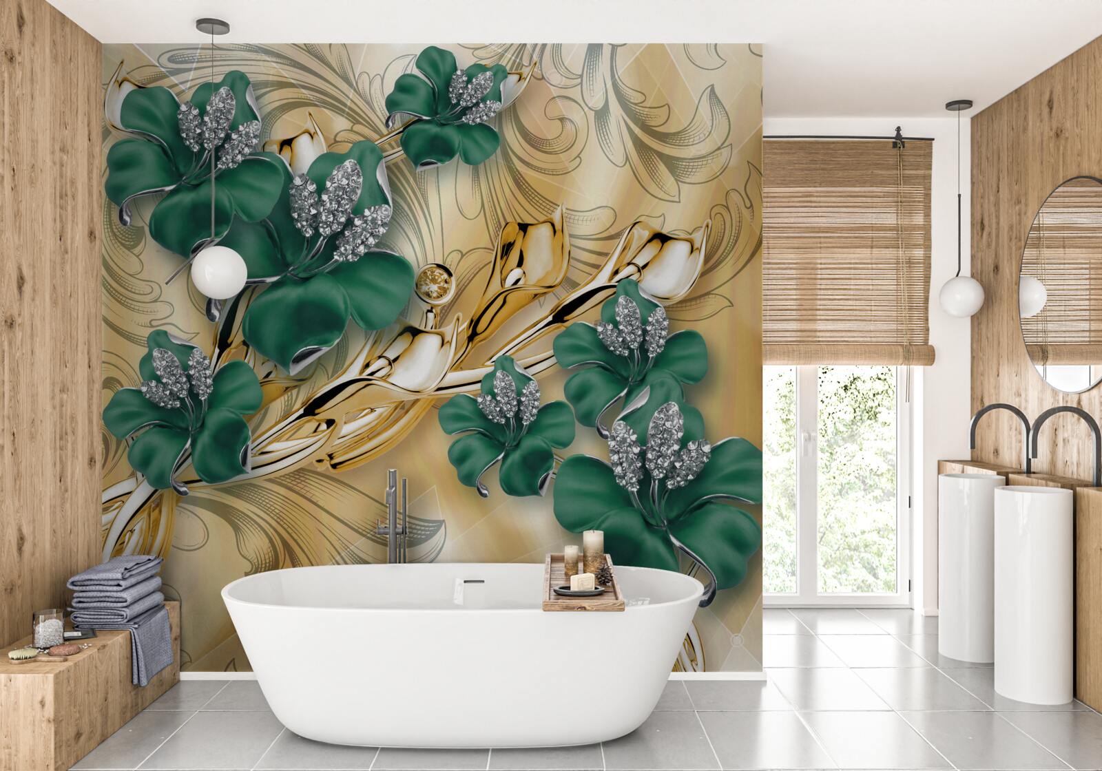 Фотошпалери смарагдові квіти виблискують у золотій оправі